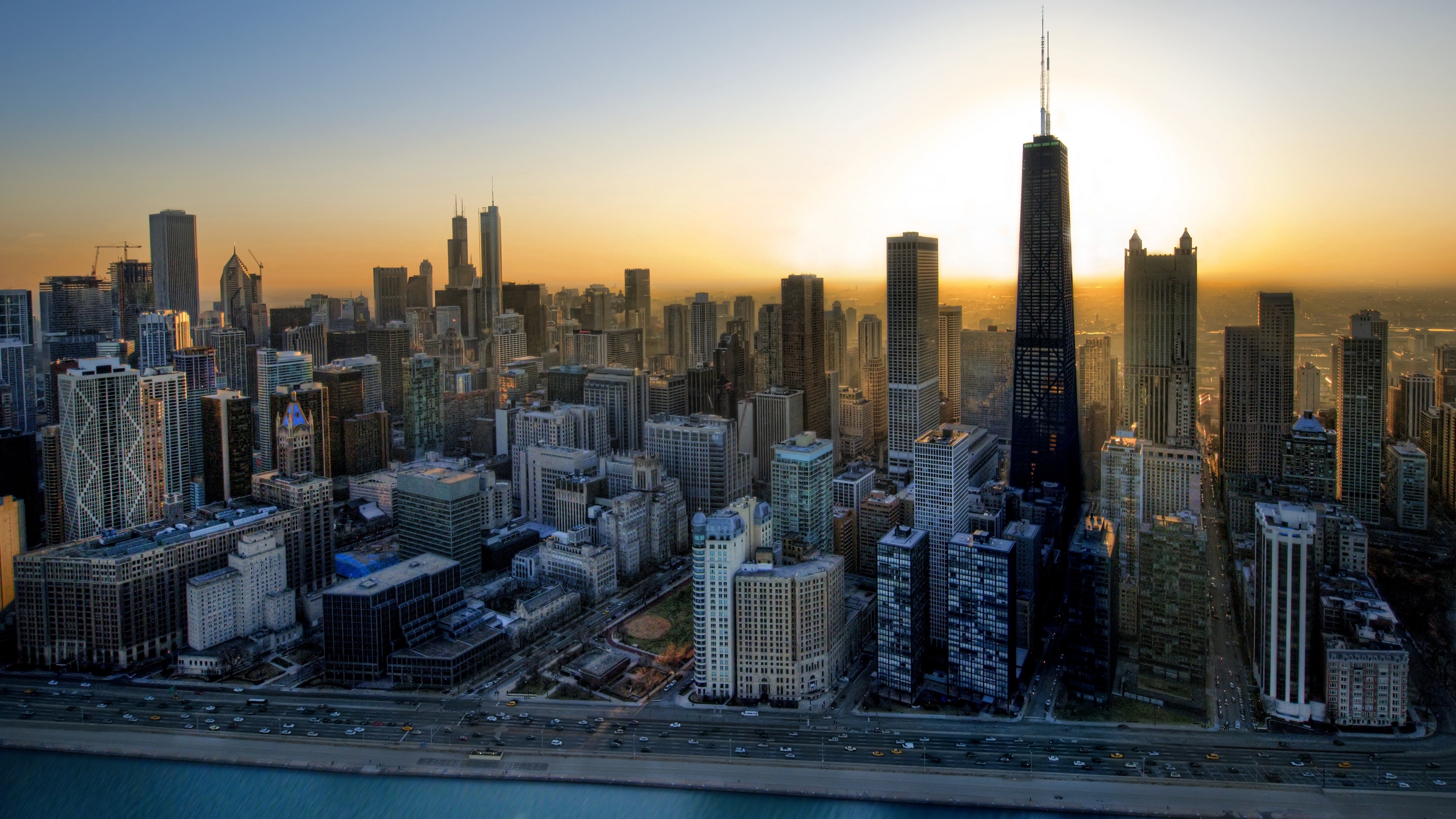 Chicago cityscape at sunset with John Hancock Center HD Wallpaper