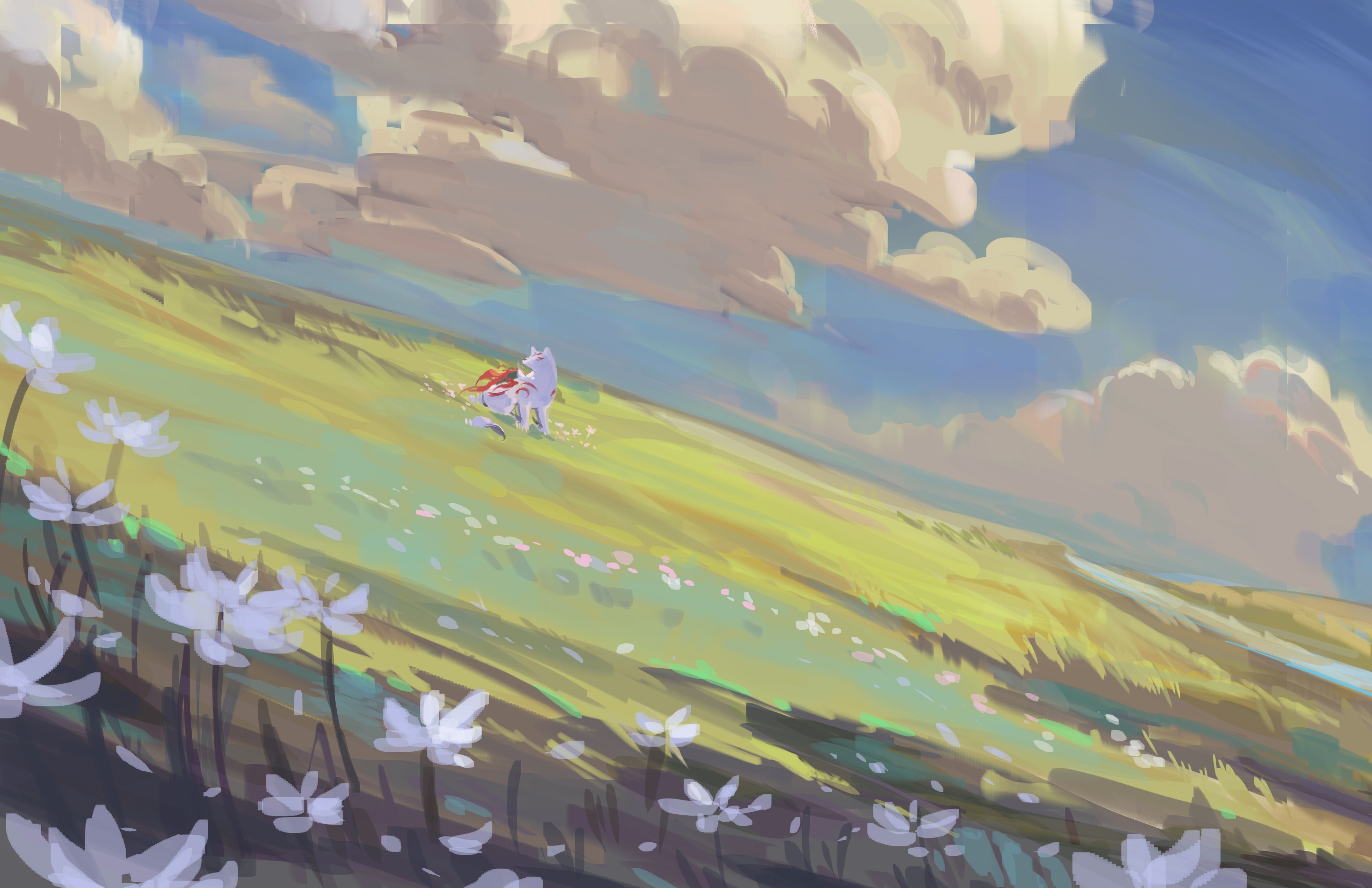 Amaterasu and Chibiterasu on a grassy hill HD Wallpaper