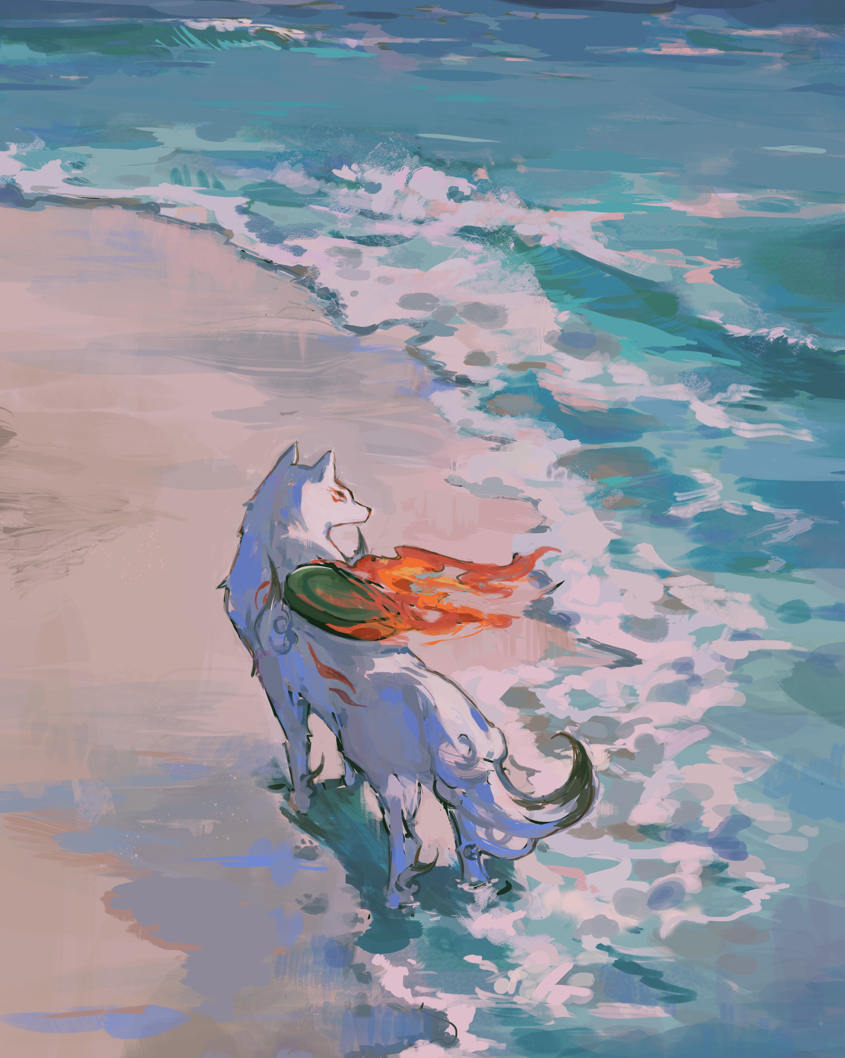 Amaterasu the wolf on a beach with waves HD Phone Wallpaper