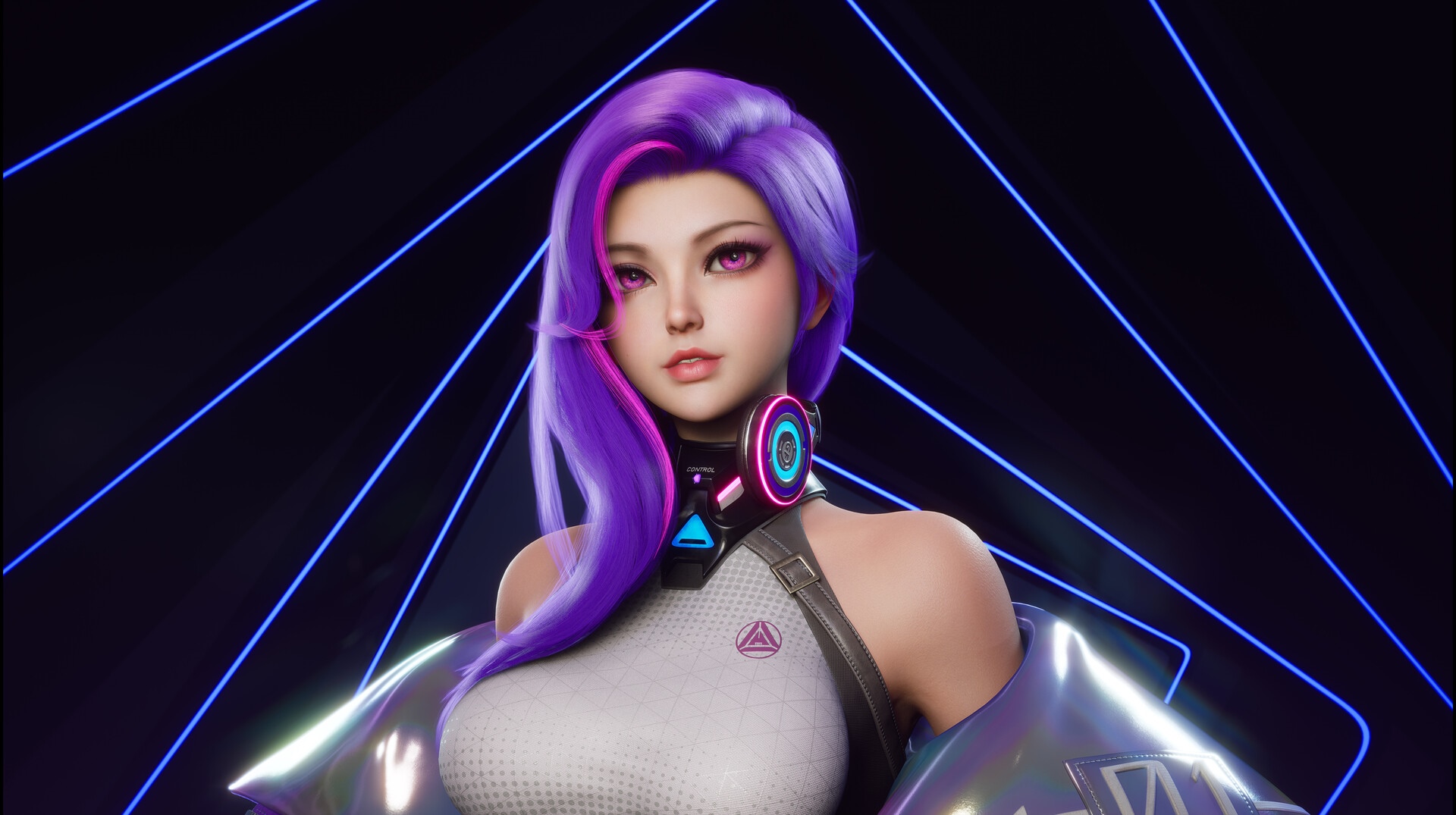 Woman with purple hair and headphones HD Wallpaper