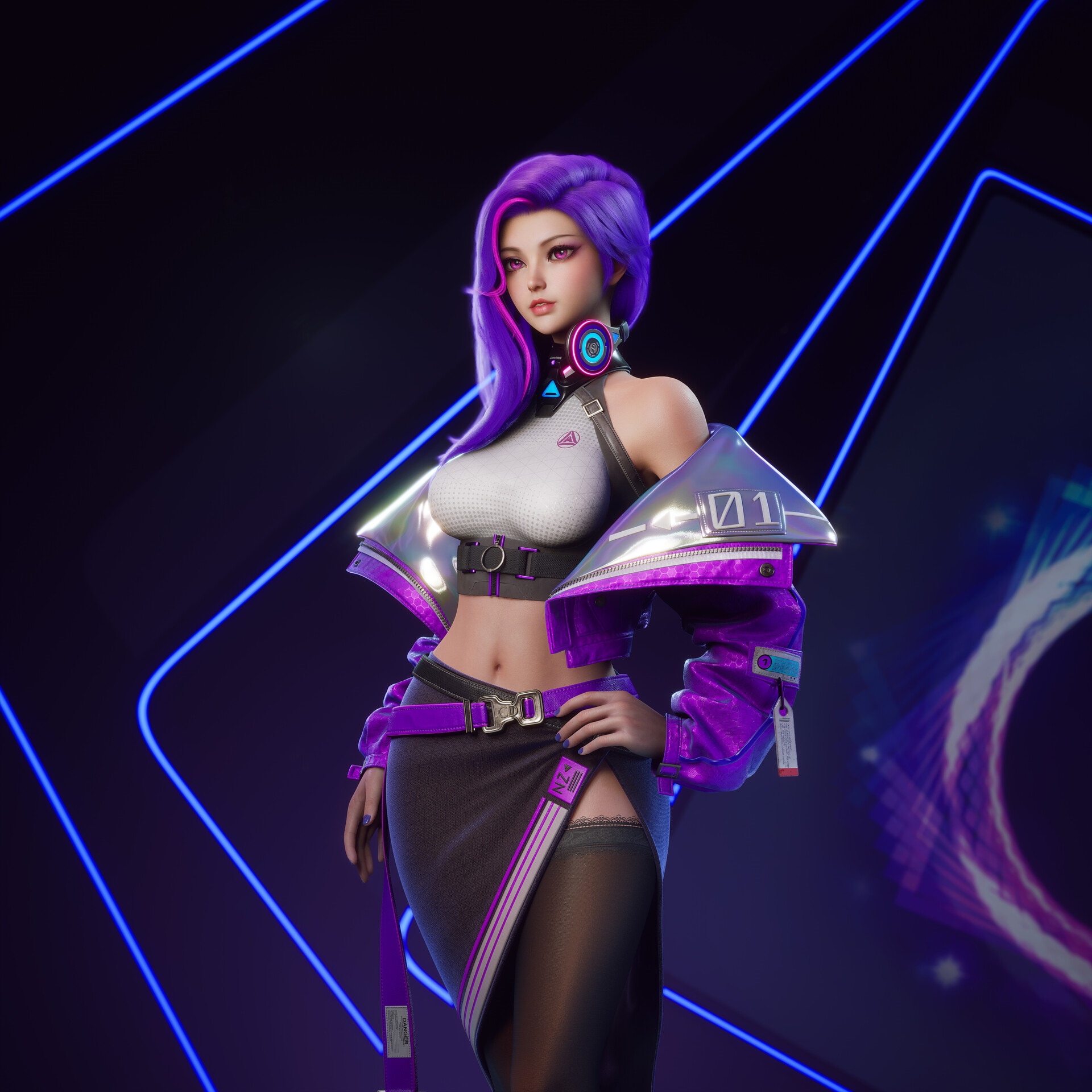 Woman with purple hair and headphones wearing open jacket HD Wallpaper