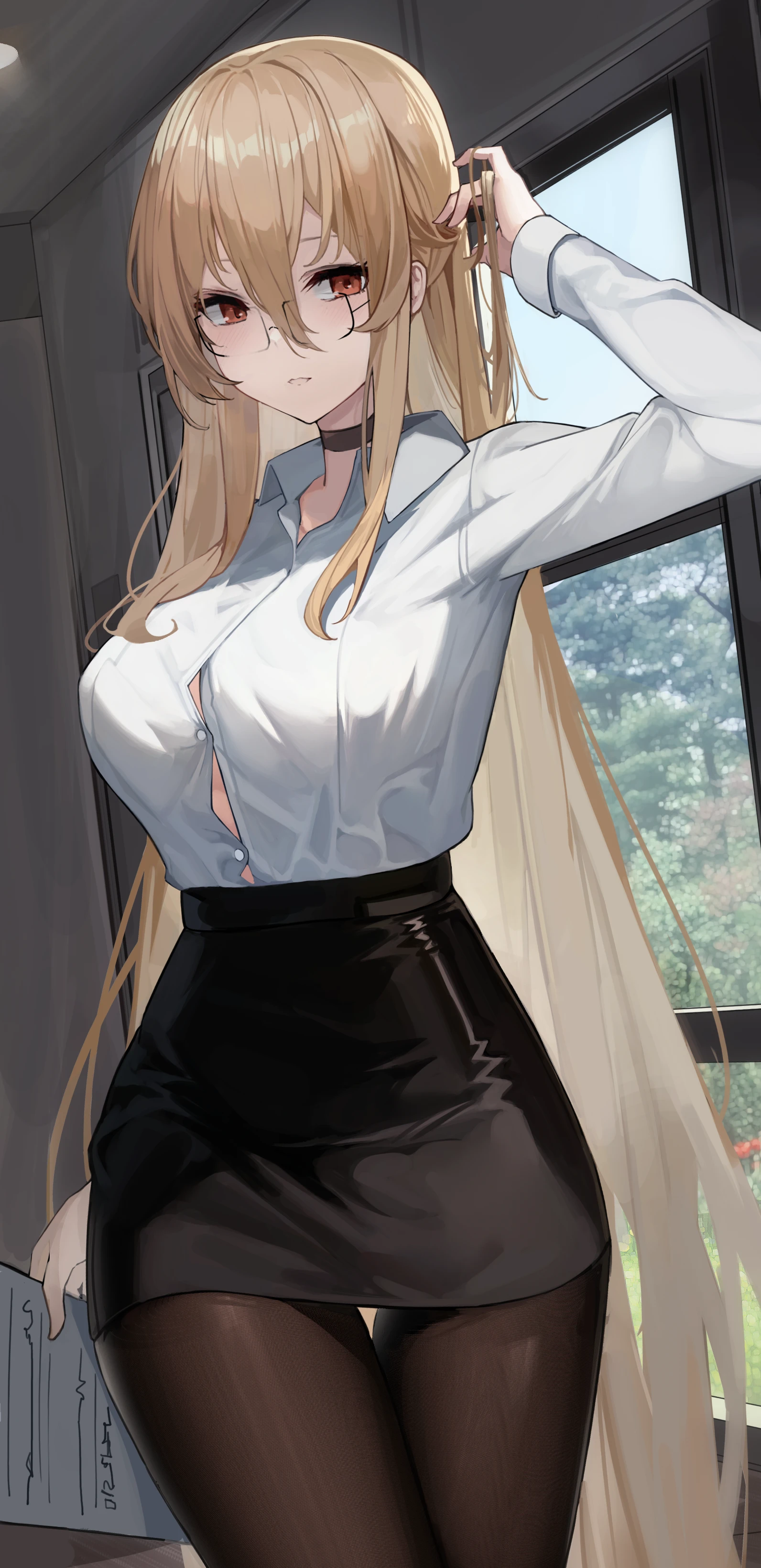 Woman with blonde hair wearing glasses and choker HD Phone Wallpaper
