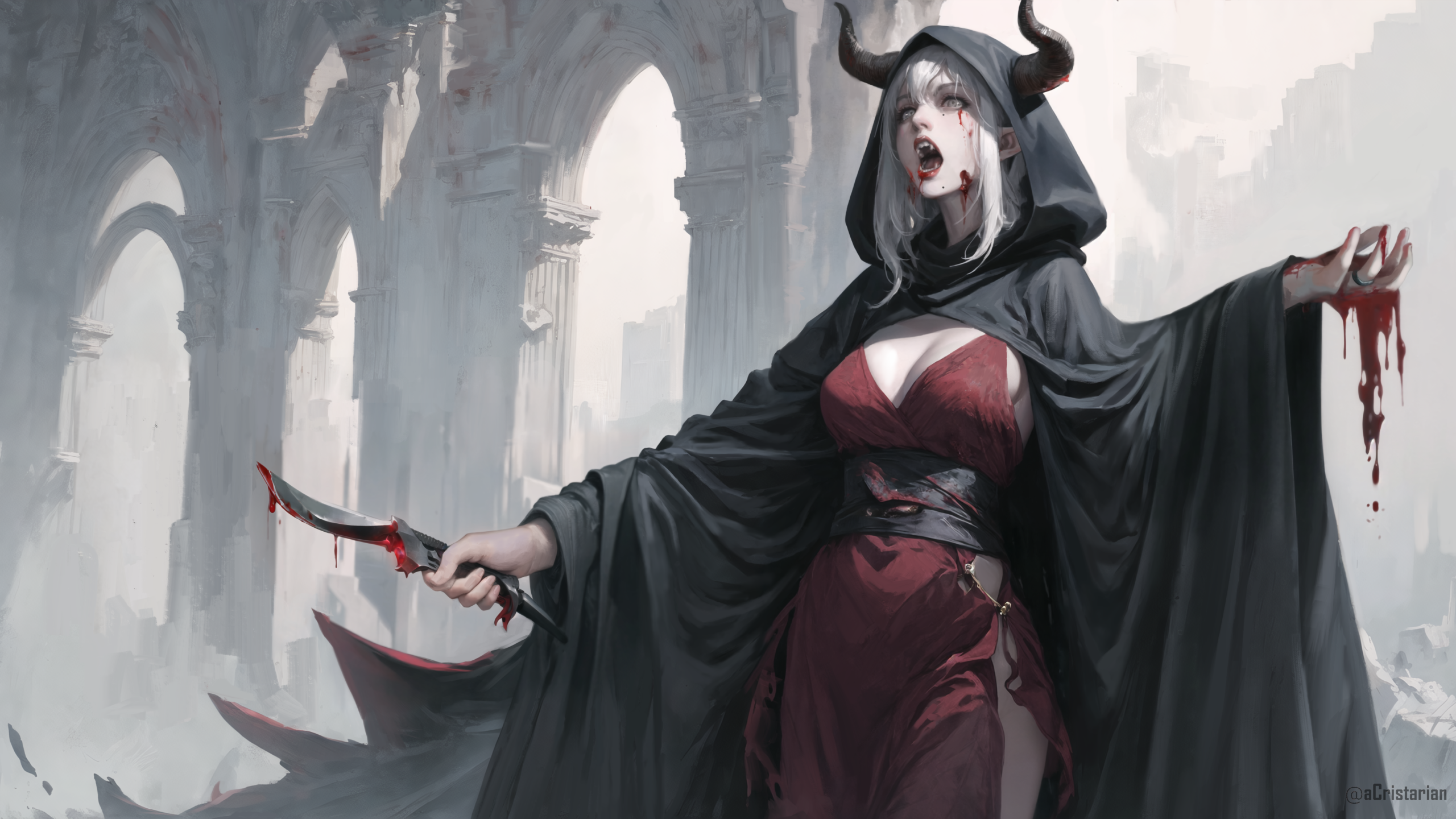 Fantasy girl with horns and knife covered in blood HD Wallpaper