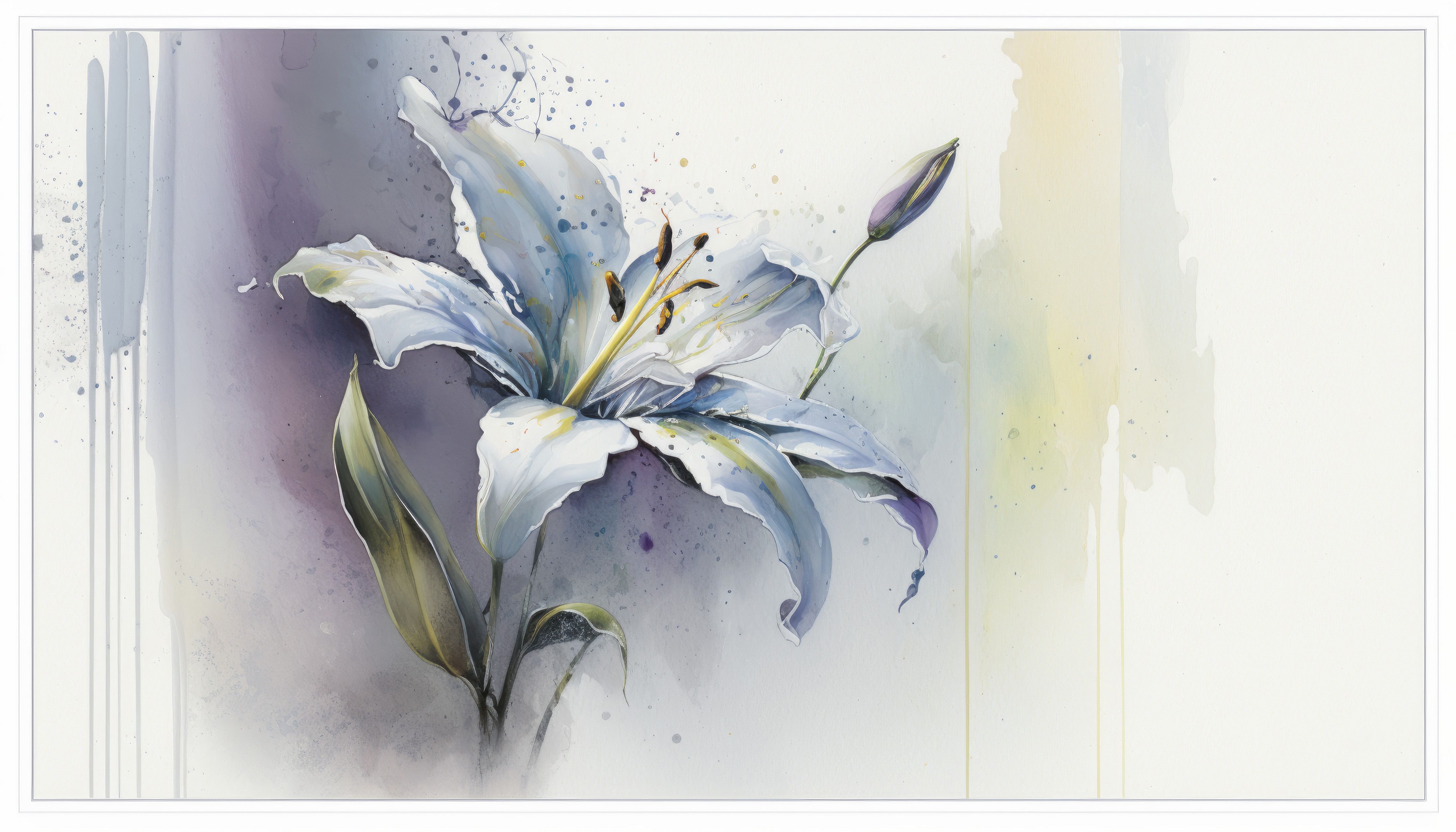 4K watercolor painting of a white lily with leaves HD Wallpaper