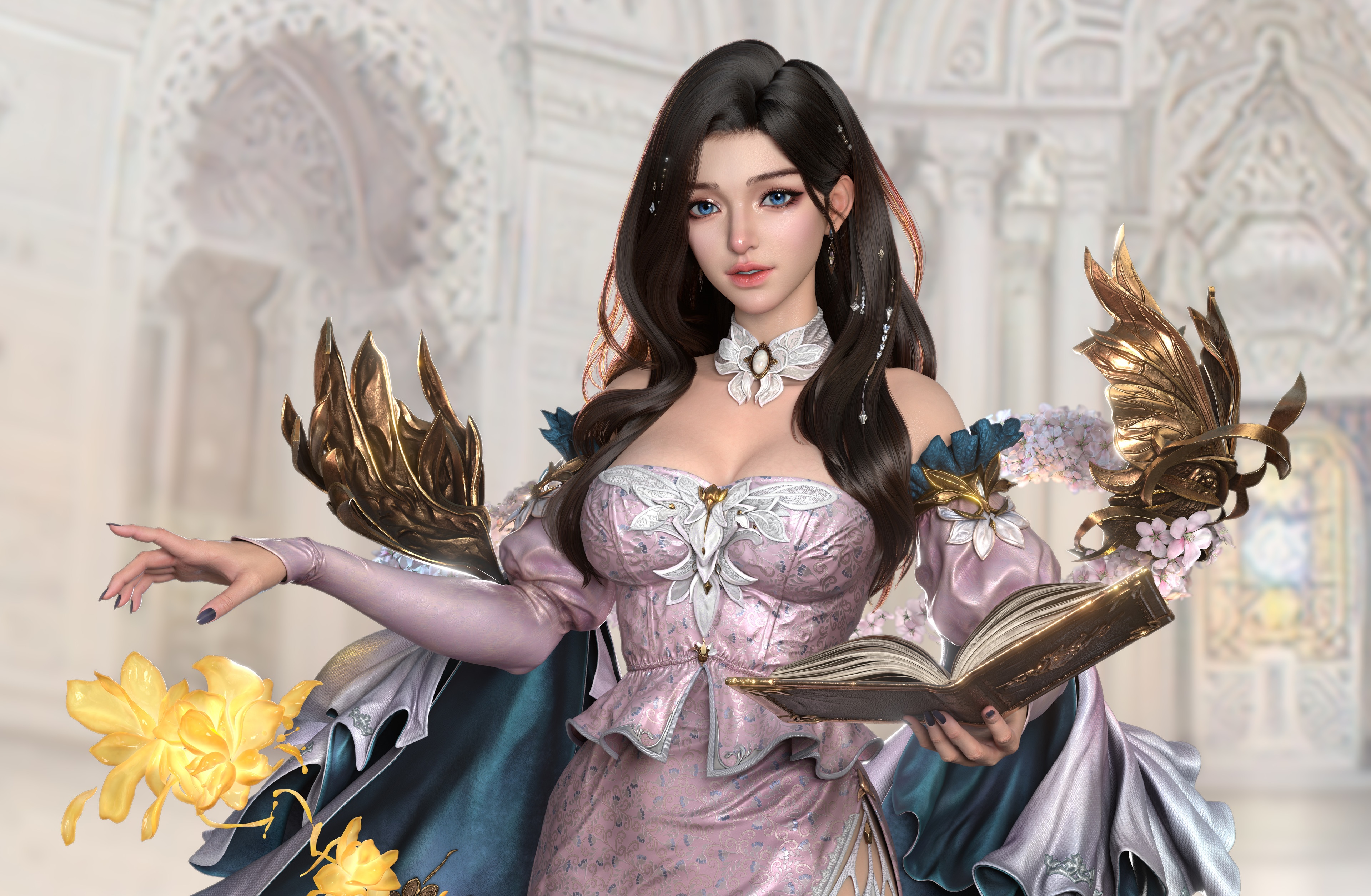 4K Liao Bailei with book and gold wings HD Wallpaper