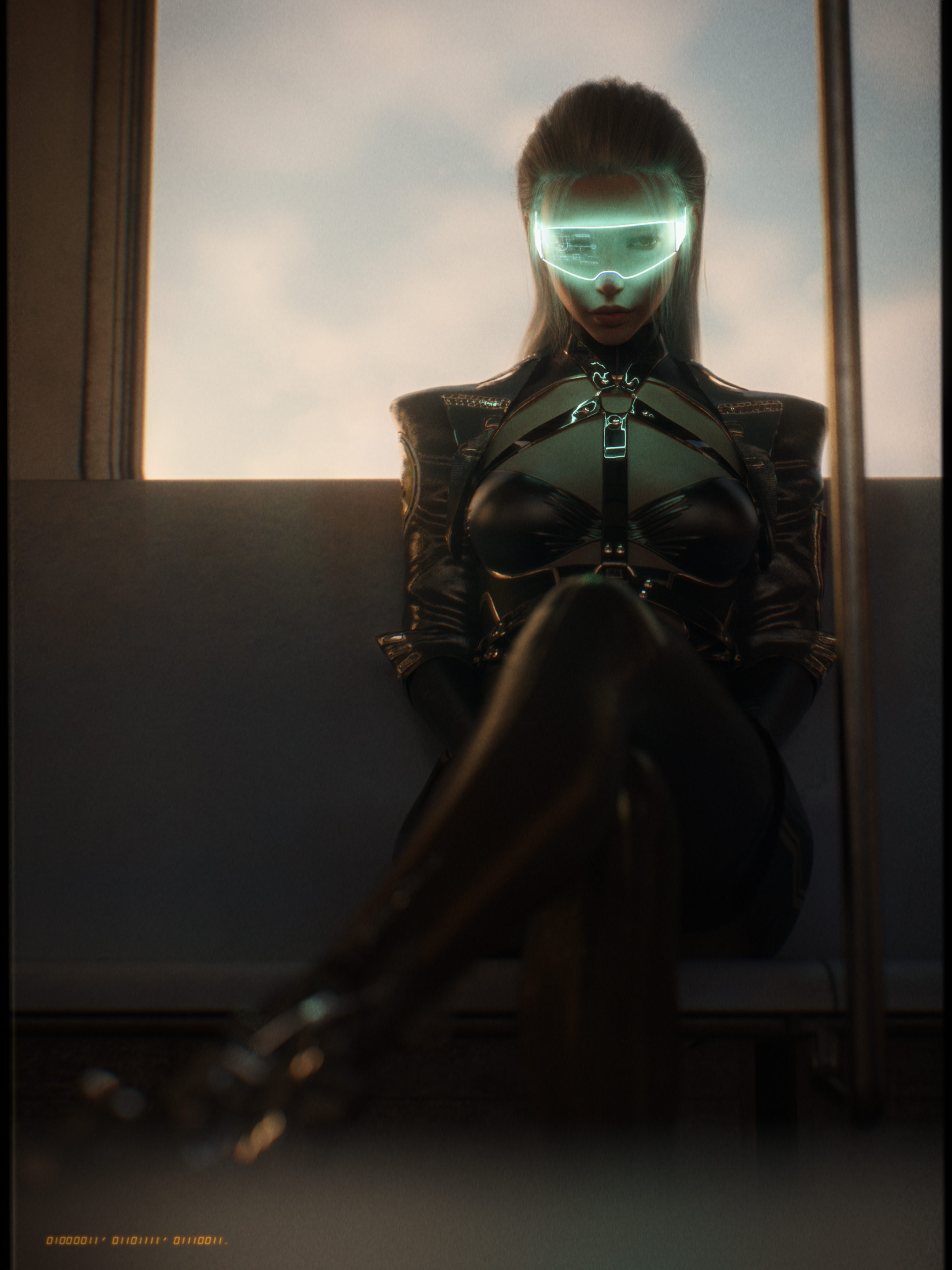 Cyberpunk woman with glowing glasses sitting on a train HD Phone Wallpaper