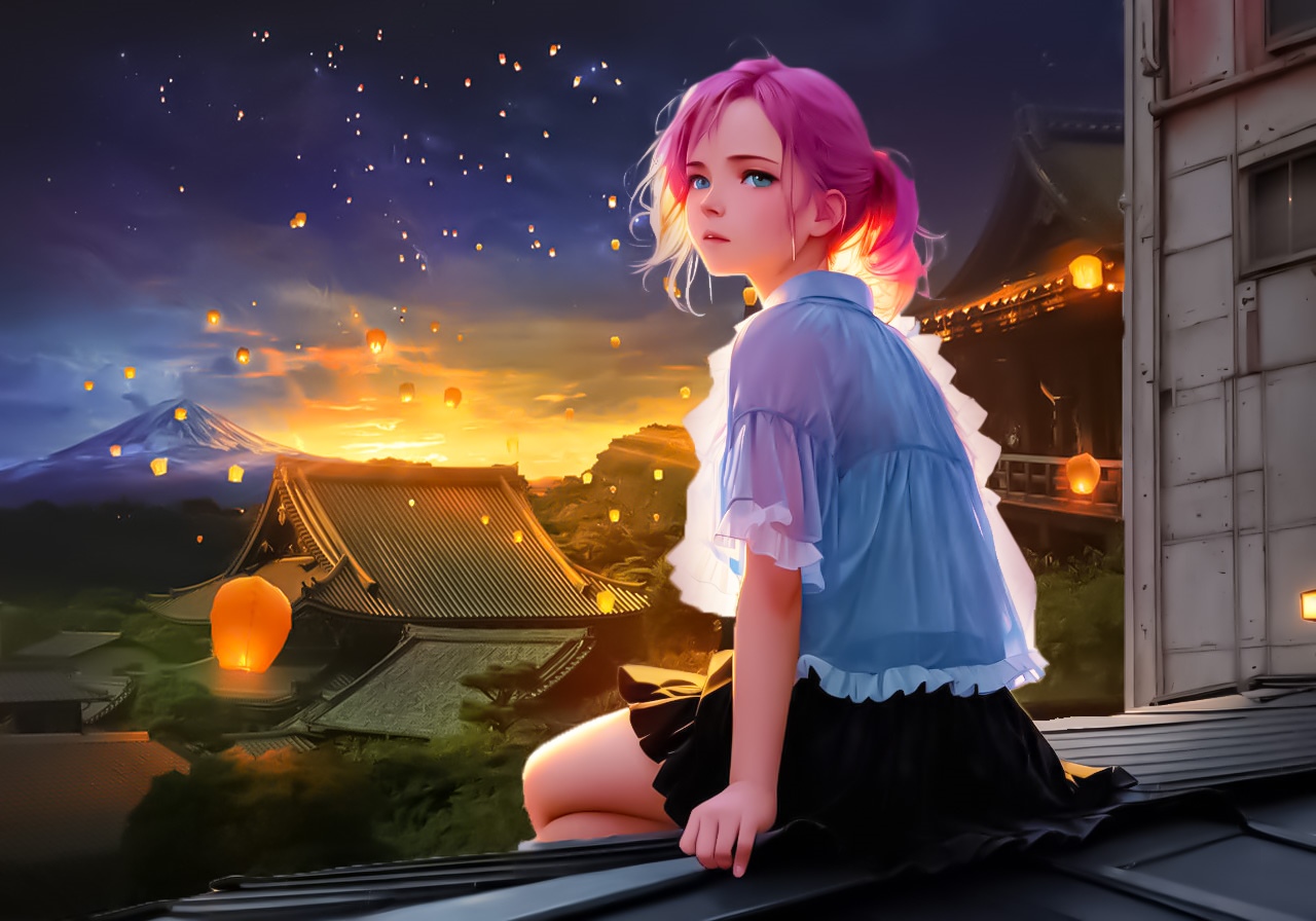 Girl with pink hair watching lanterns at sunset HD Wallpaper