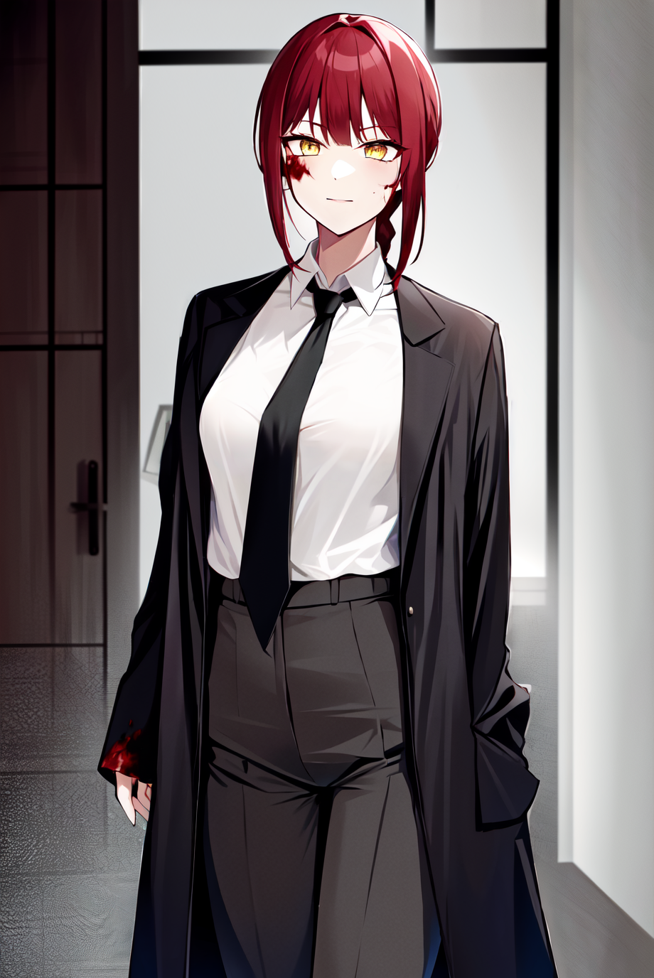 Makima from Chainsaw Man in a suit with blood HD Phone Wallpaper