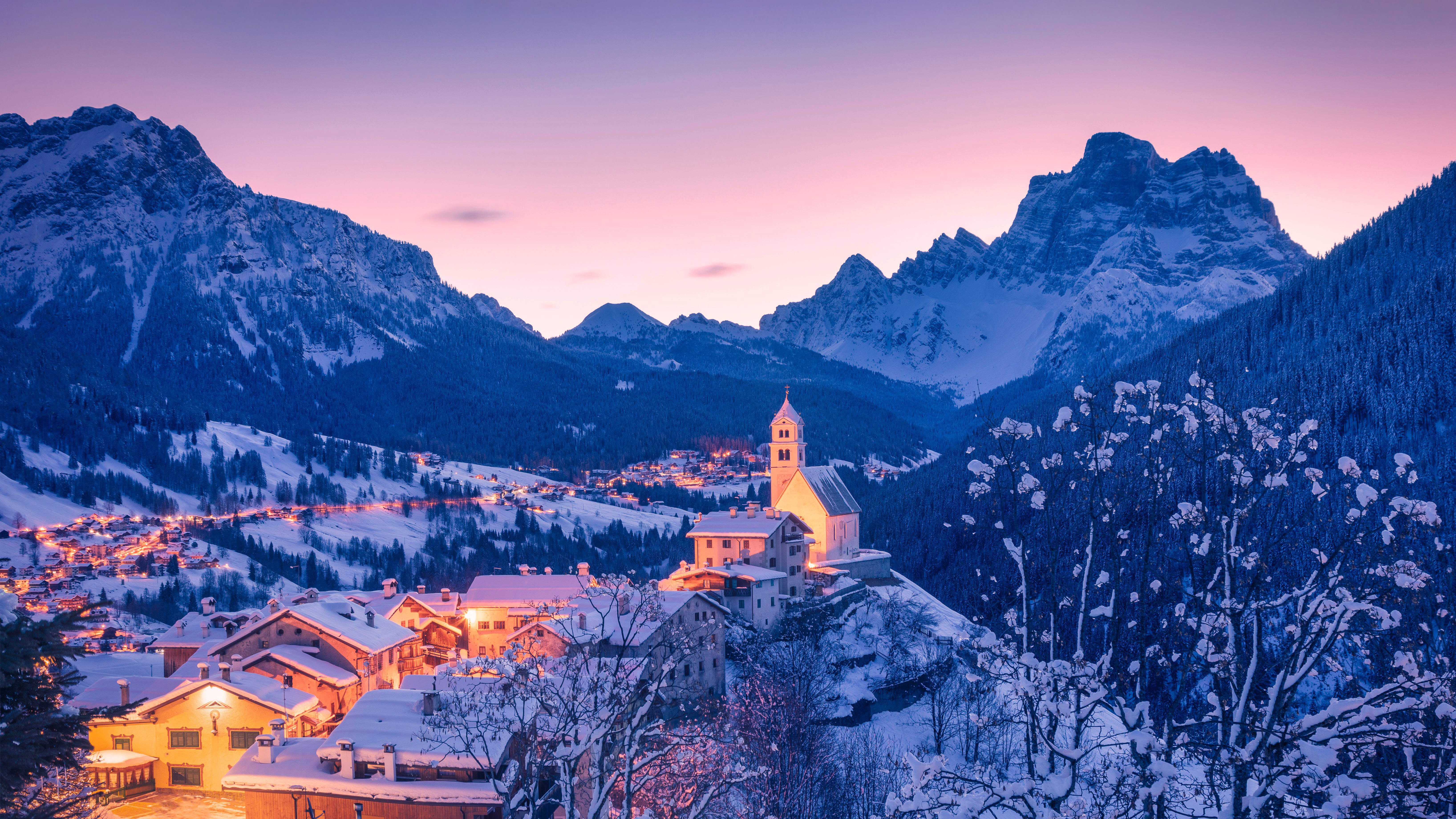 4K Winter Village in Snowy Mountains HD Wallpaper