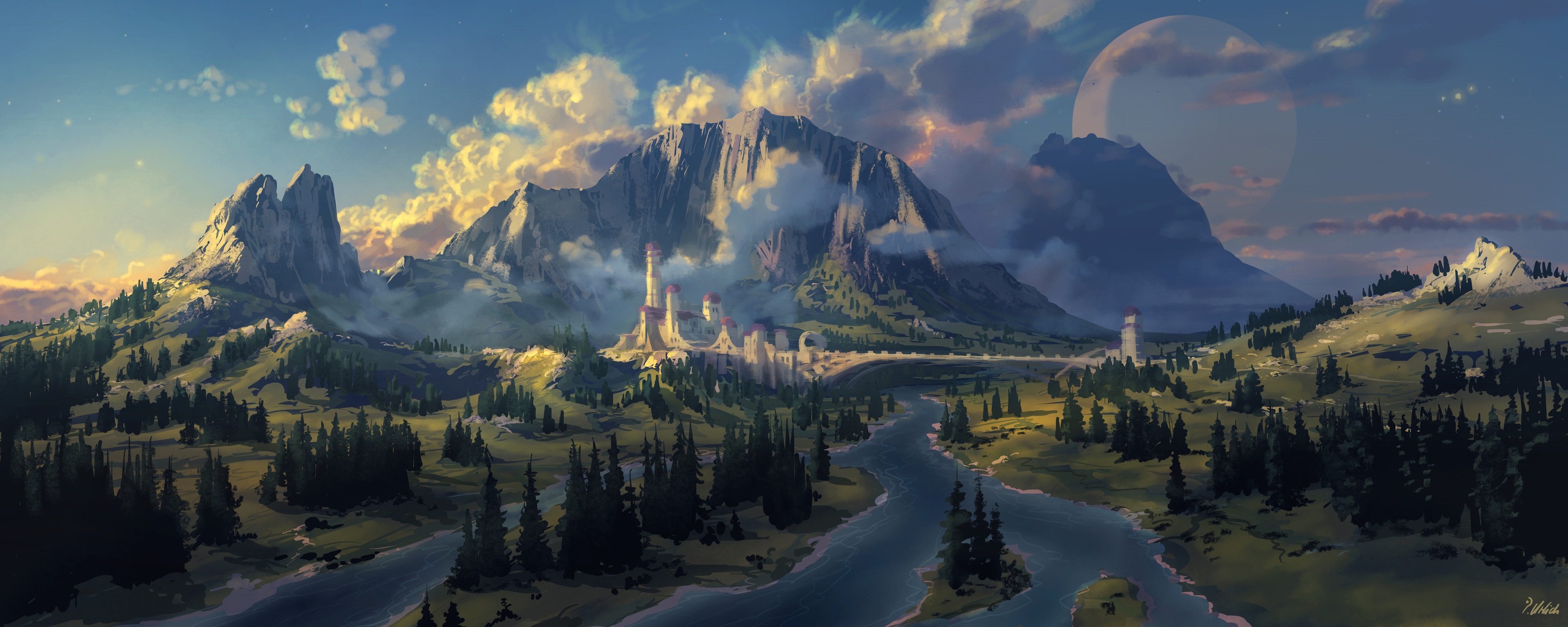 Fantasy landscape with mountains, river, and castle HD Wallpaper