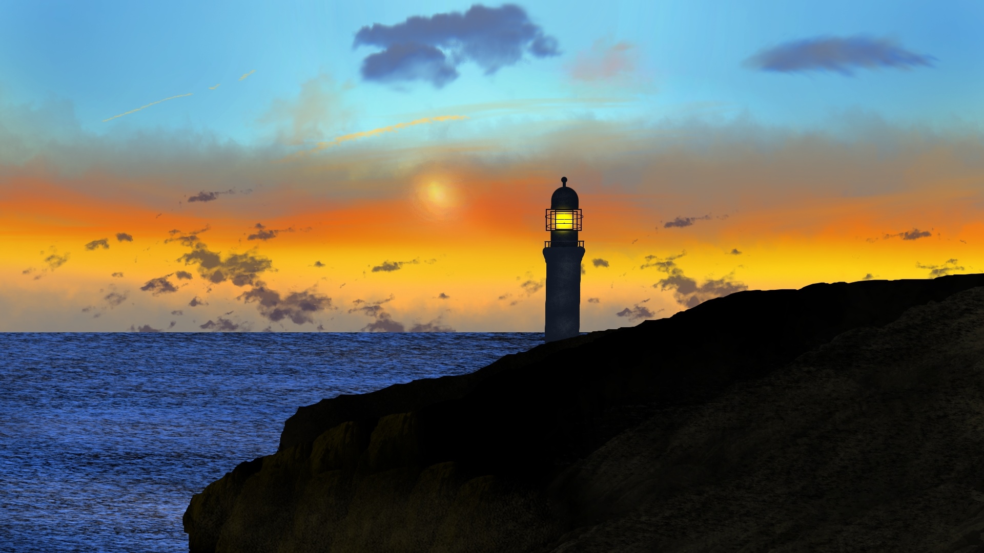 Lighthouse on a rocky shore at sunset HD Wallpaper