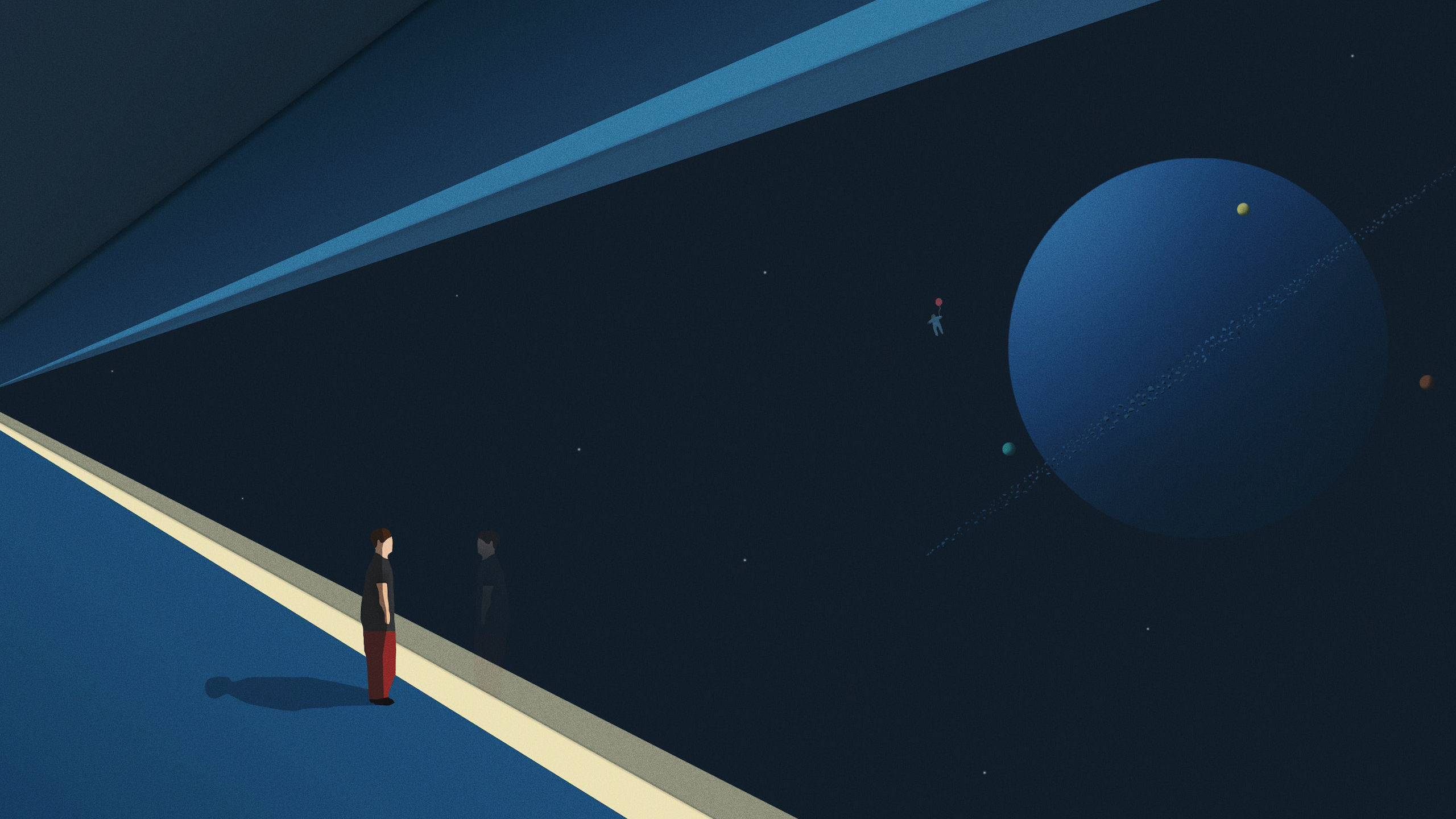 Person looking at a planet in space through a window HD Wallpaper