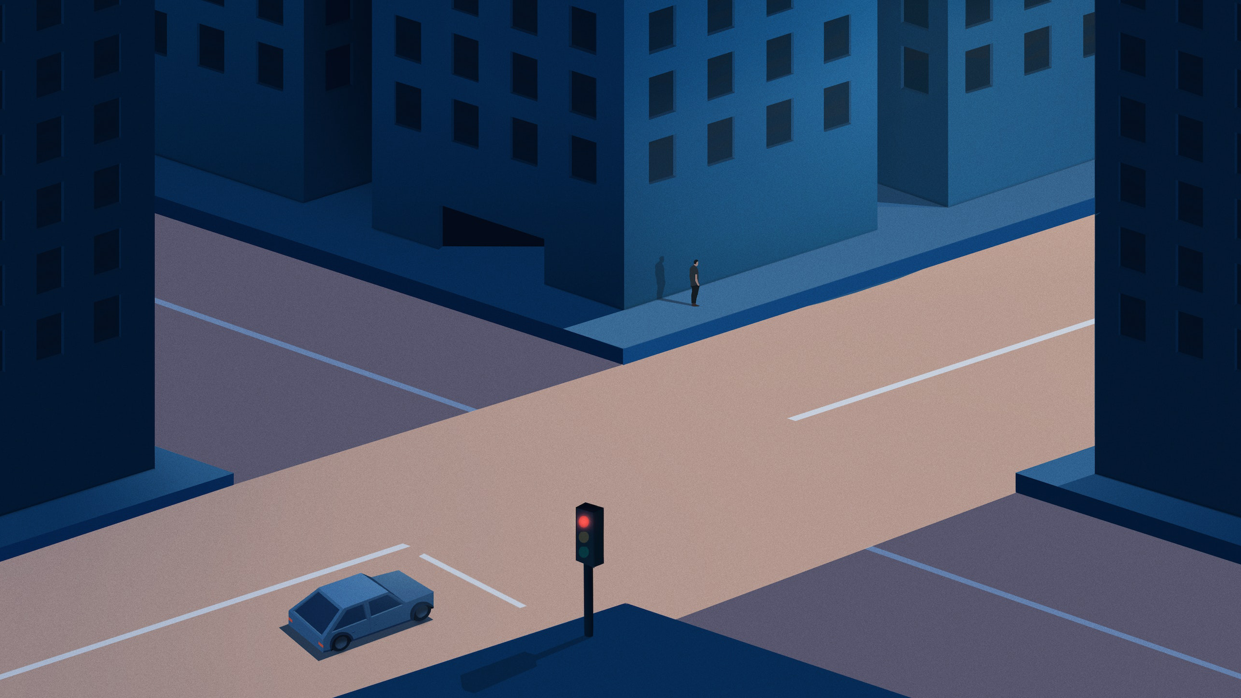 Car and person at a city intersection with traffic lights HD Wallpaper