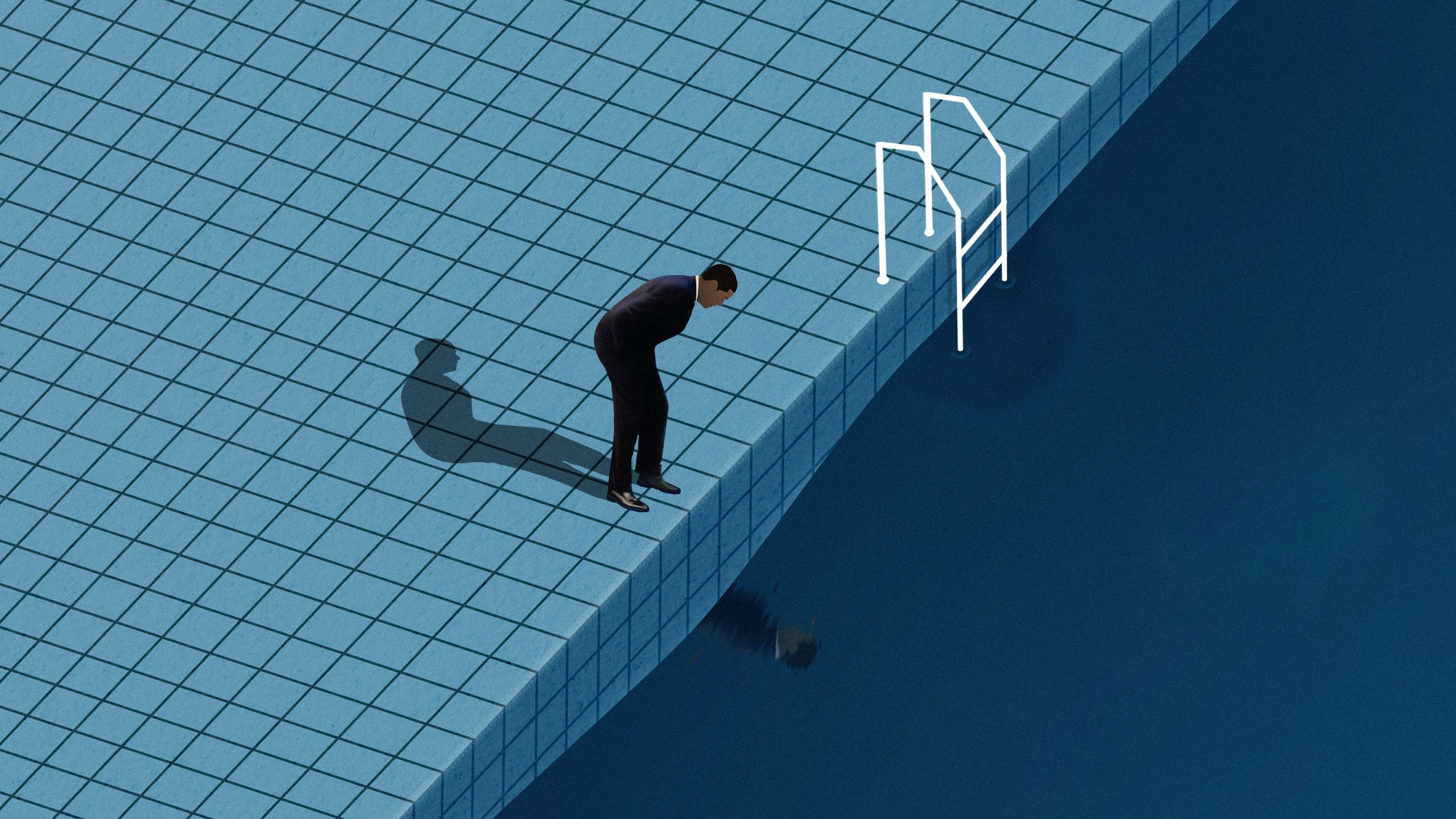 Man in suit looking into a swimming pool HD Wallpaper