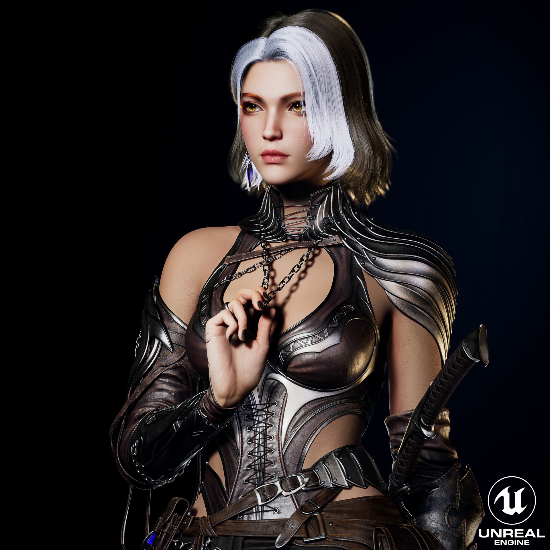 Woman with white and black hair in armor HD Wallpaper