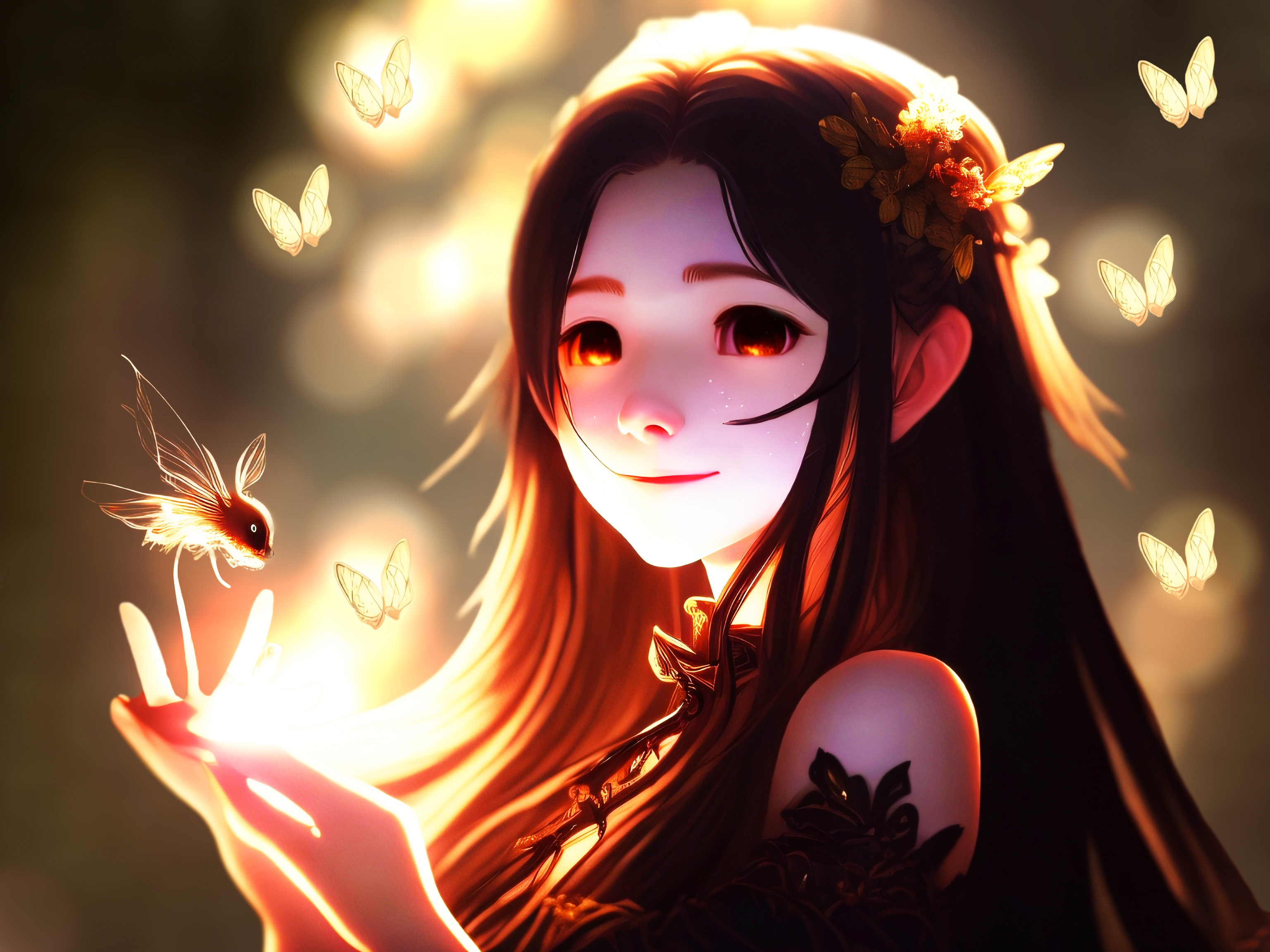 Digital art of a smiling girl with butterflies HD Wallpaper