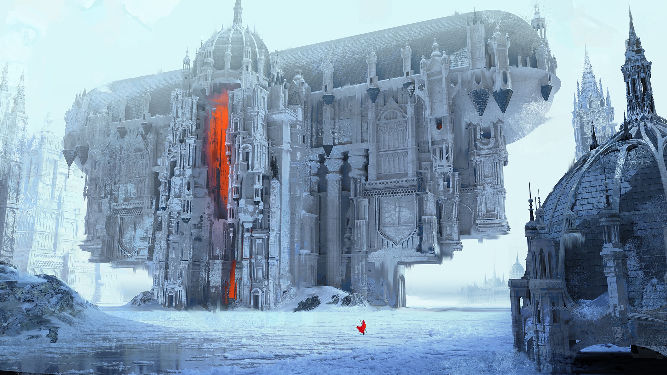 Fantasy art of a surreal, icy castle with orange glow HD Wallpaper