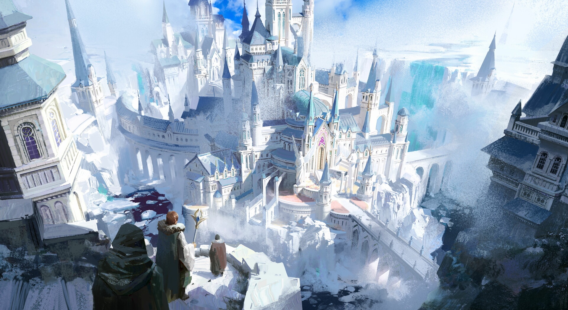 Fantasy castle in a snowy, mountainous landscape HD Wallpaper