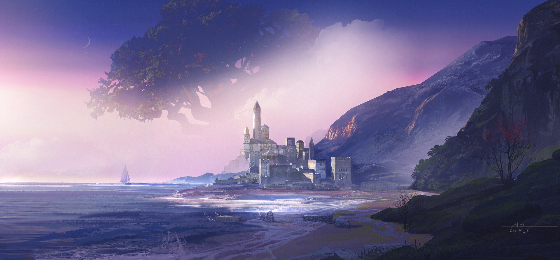 Castle on a rocky shore with a sailboat at sunset HD Wallpaper