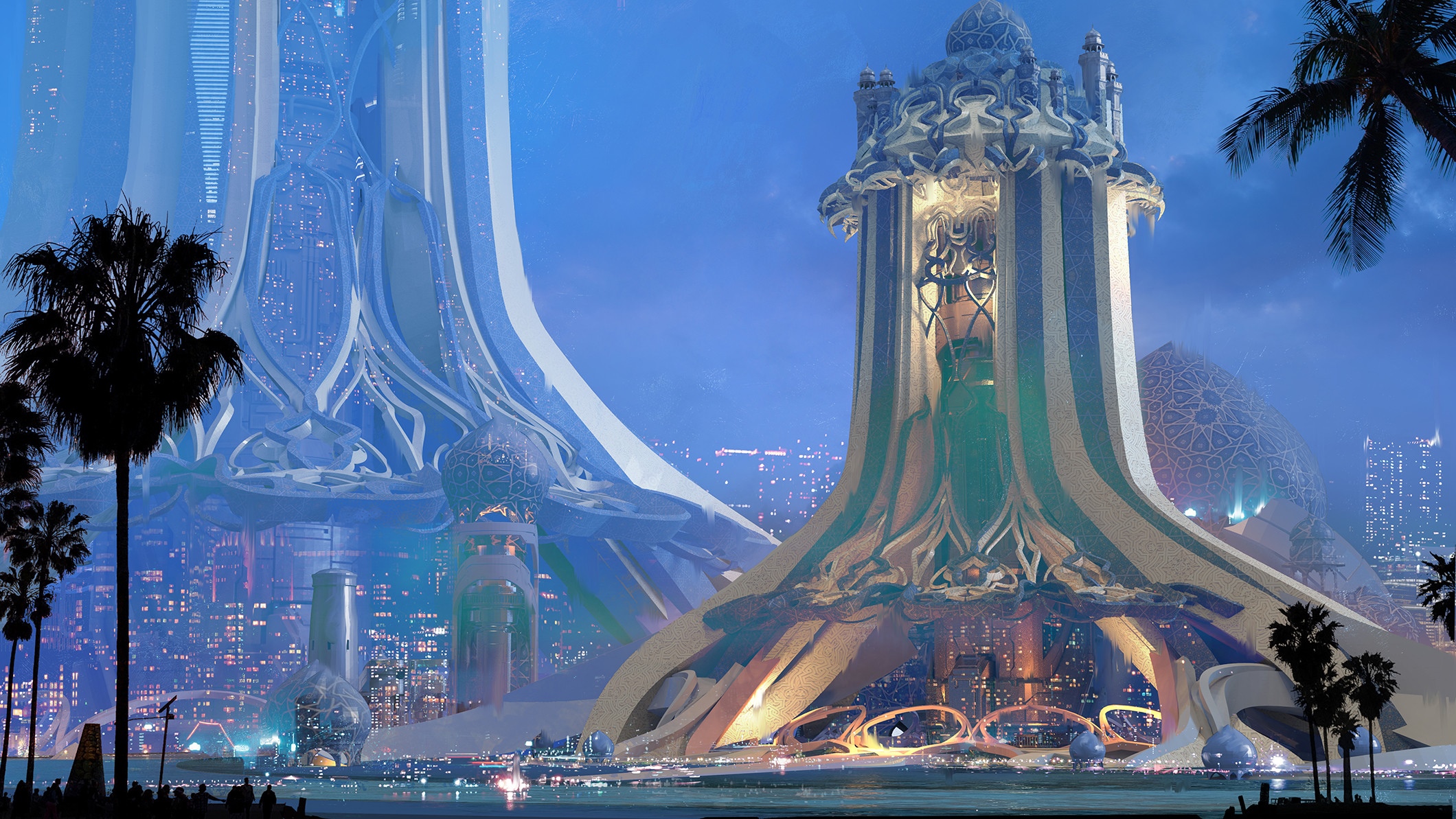 Futuristic city skyline with ornate buildings and palm trees HD Wallpaper