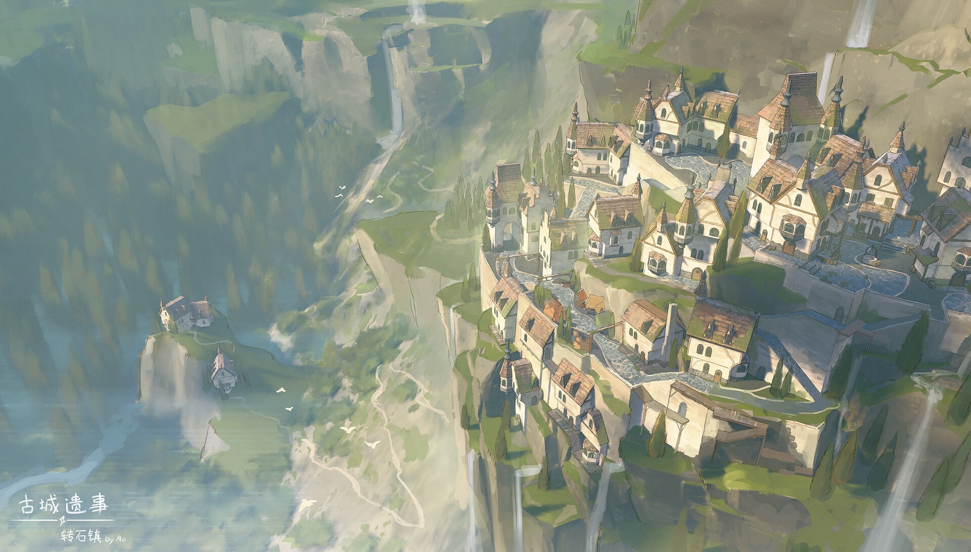 Ancient city on a cliffside with waterfalls HD Wallpaper