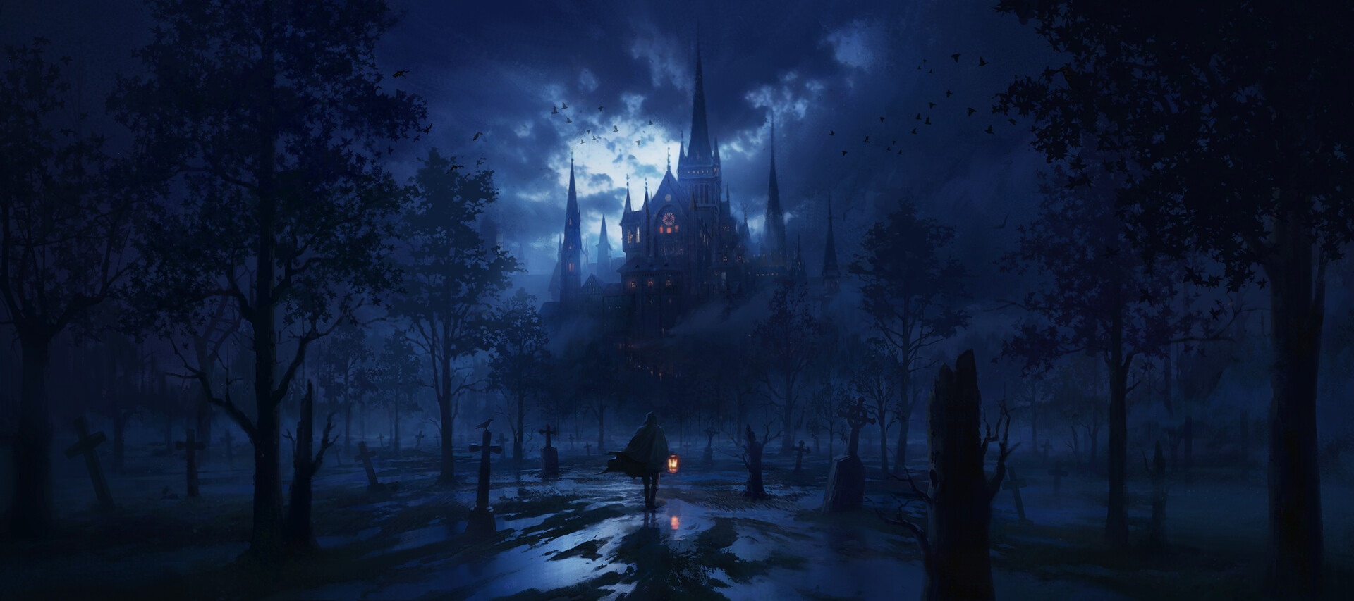 A figure with a lantern walks through a graveyard towards a castle at night HD Wallpaper
