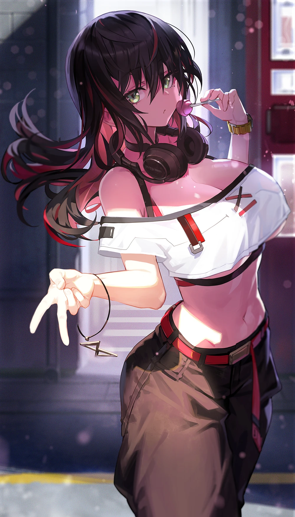 Anime girl with headphones eating a lollipop HD Phone Wallpaper