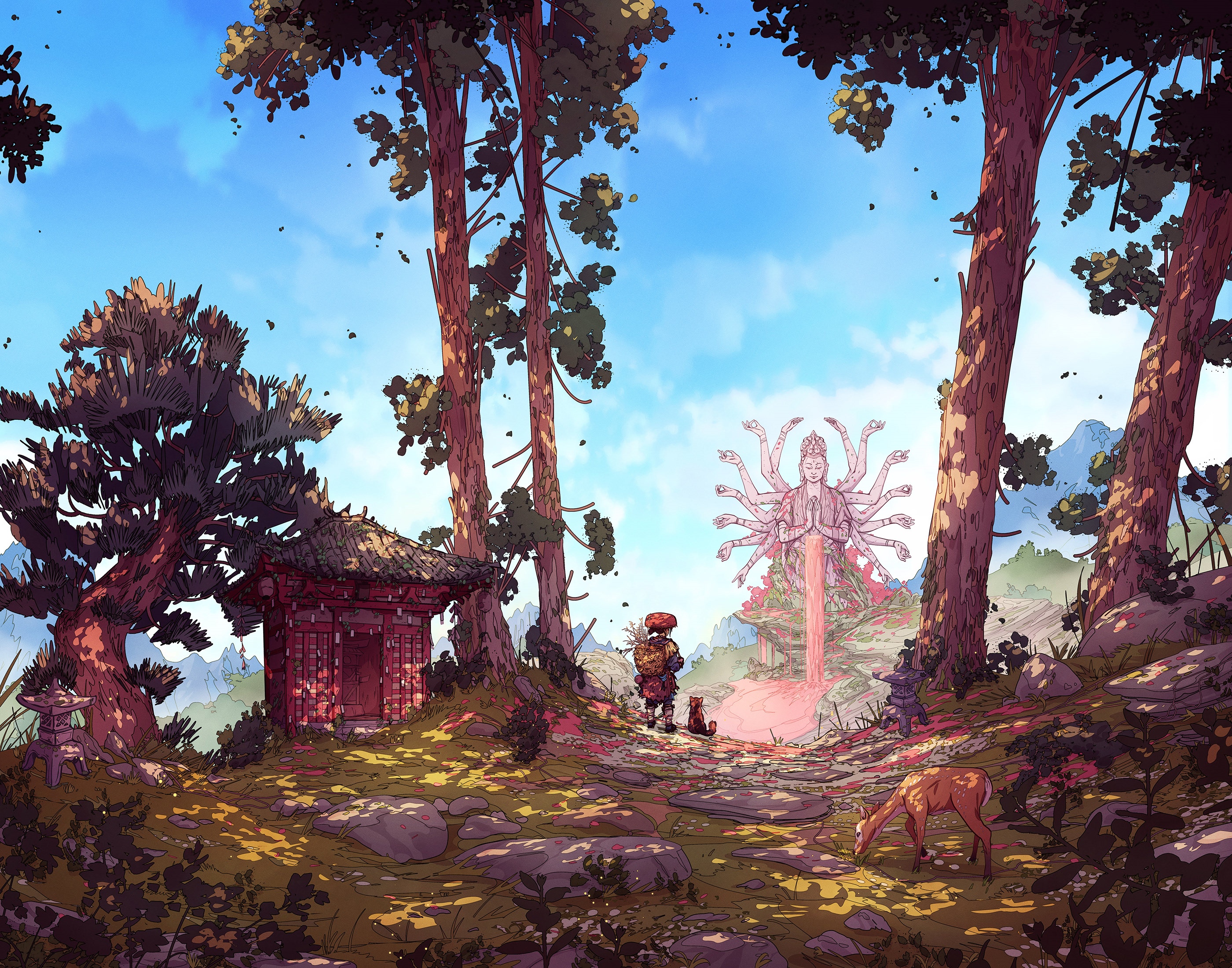 Fantasy art of a multi-armed statue in a forest HD Wallpaper