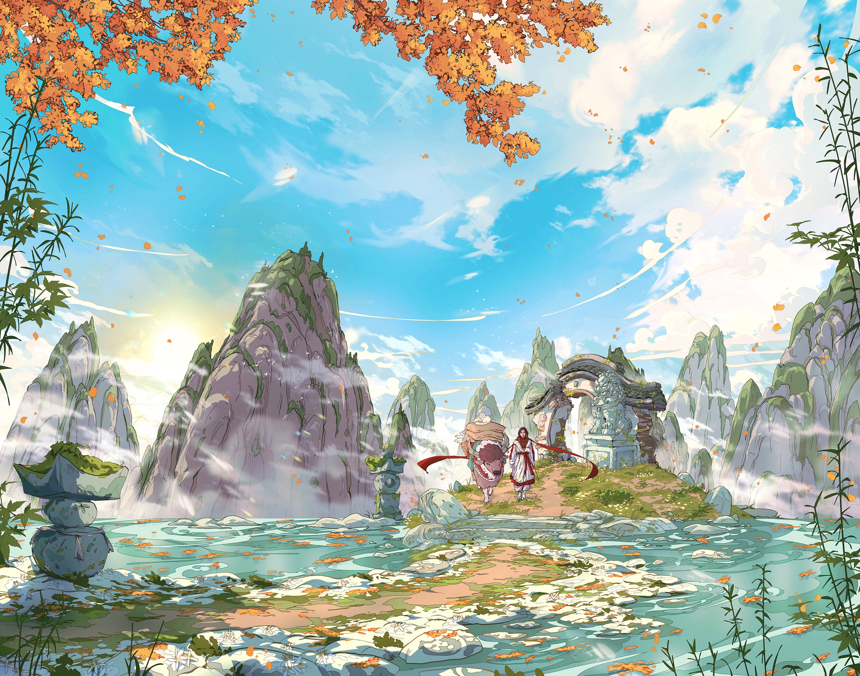 Two figures walk past ancient ruins in a mountainous landscape HD Wallpaper