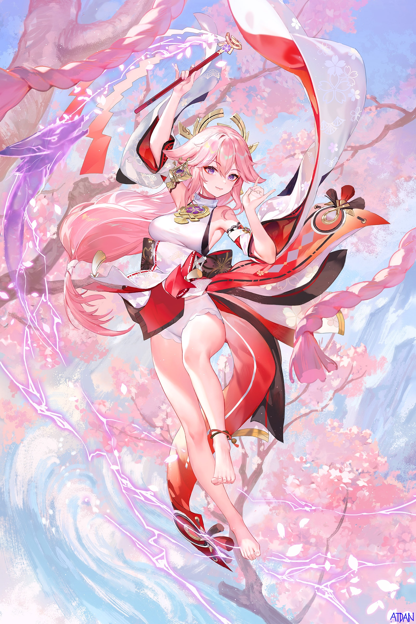 Yae Miko with pink hair and lightning HD Phone Wallpaper