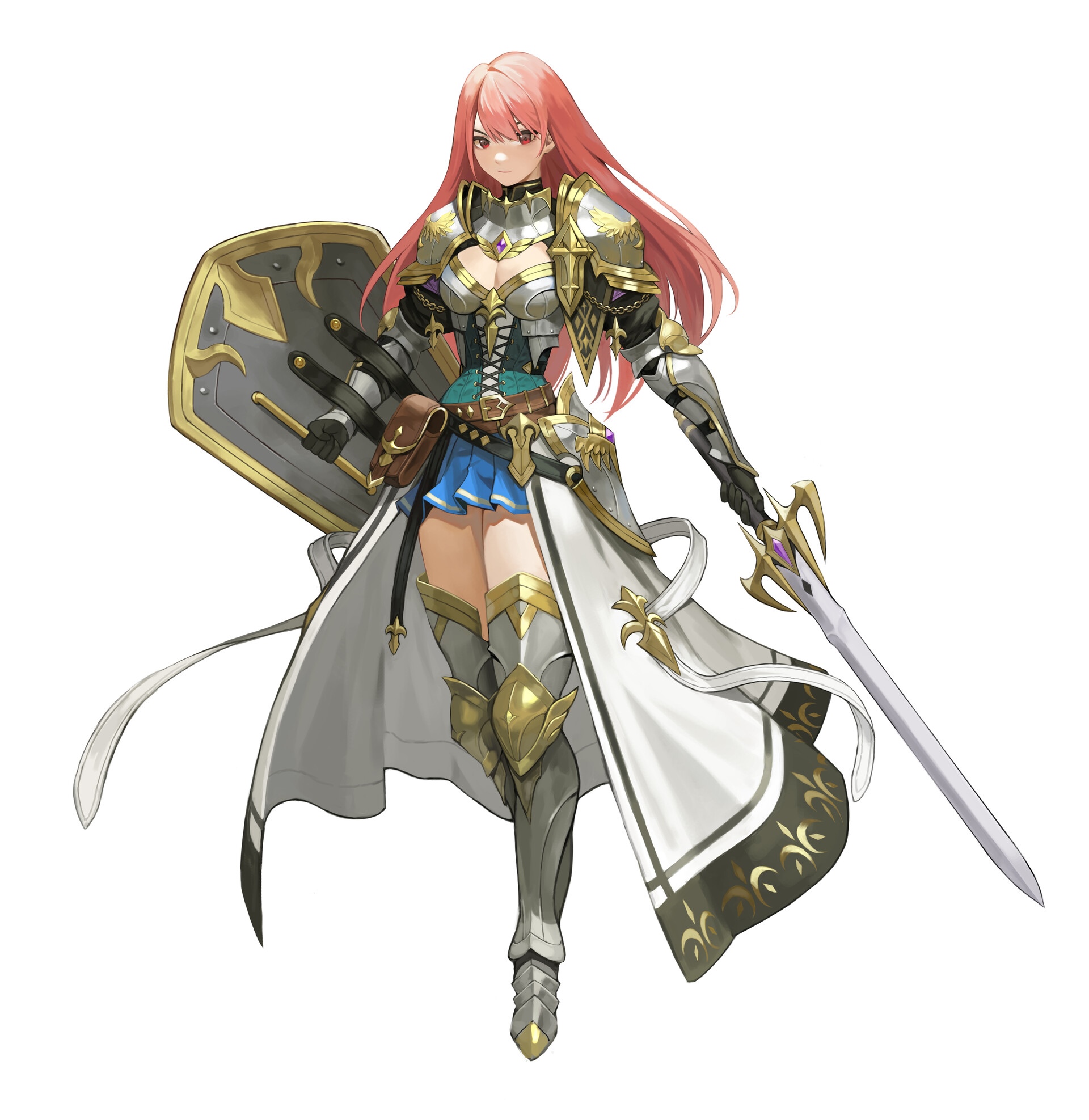 Knight with pink hair, sword, and shield HD Wallpaper