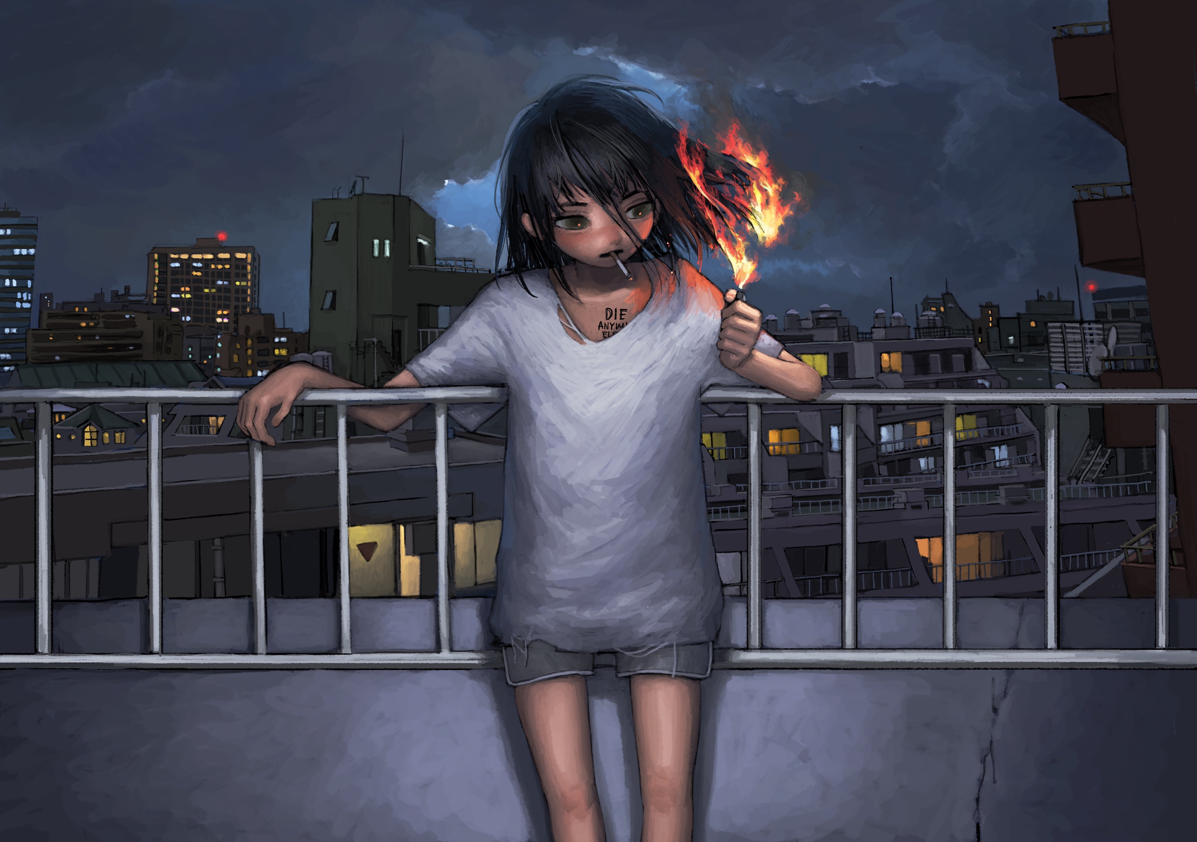 Girl lighting her hair on fire with a cigarette lighter at night HD Wallpaper