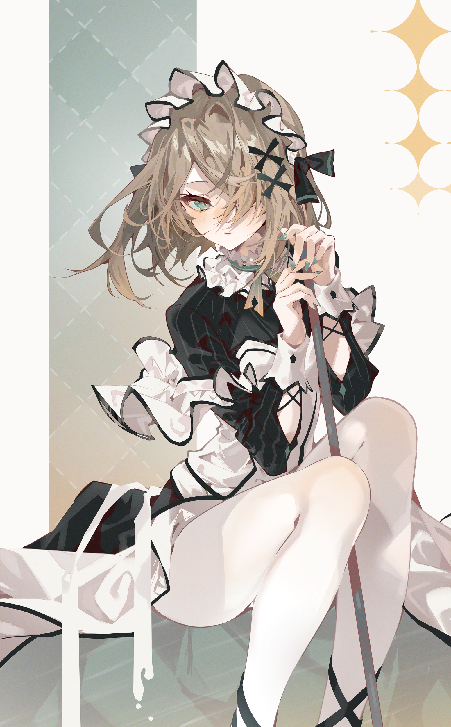 Maid with green eyes and hair over one eye HD Phone Wallpaper