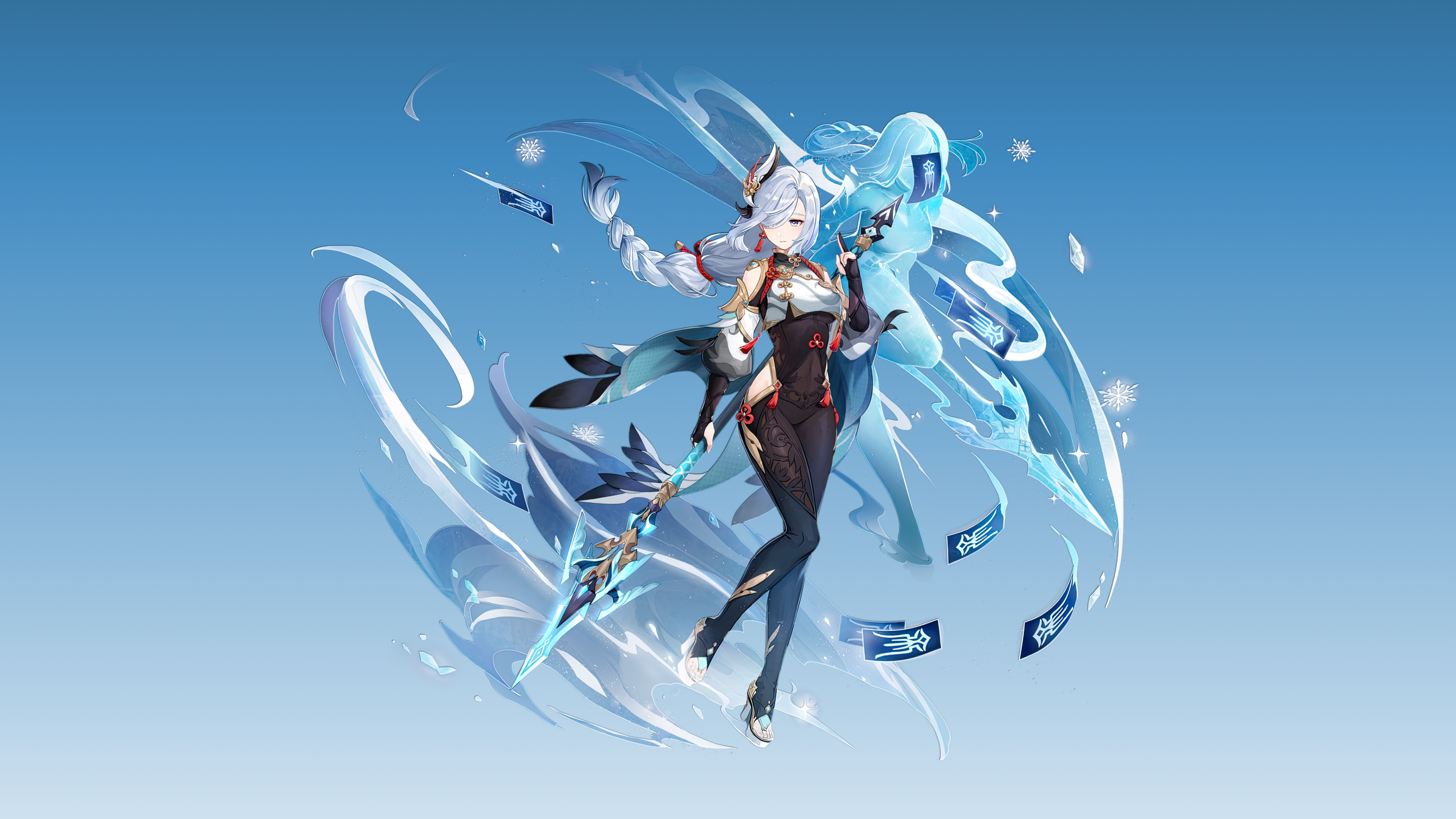 Shenhe from Genshin Impact with lance and snowflakes HD Wallpaper