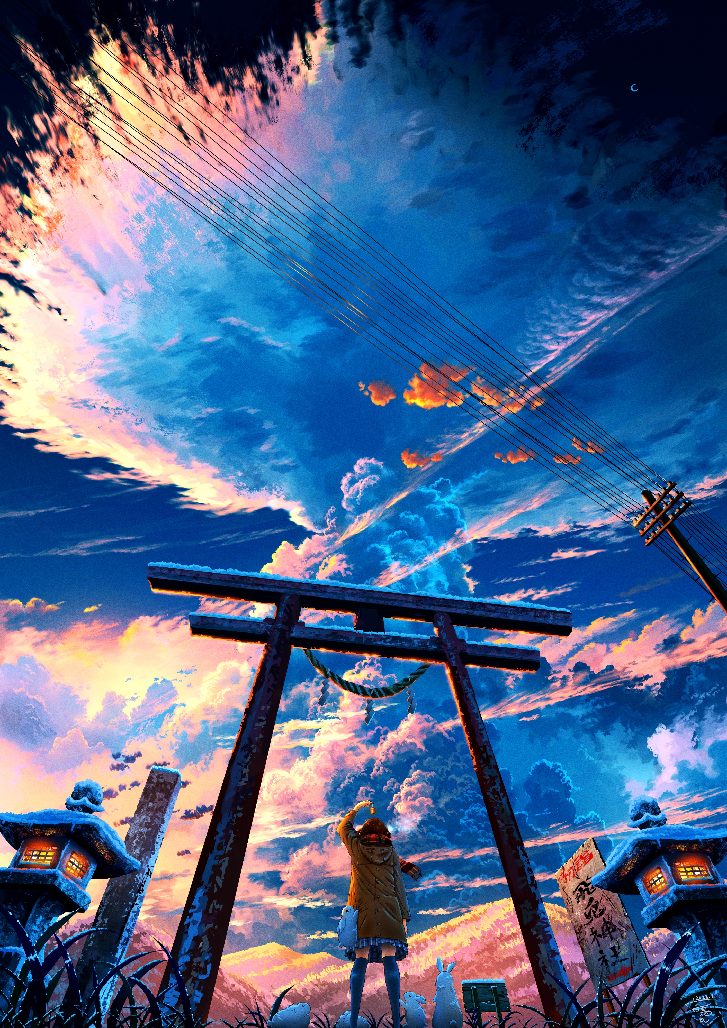 Girl at Shrine with Torii Gate and Sunset Sky HD Phone Wallpaper