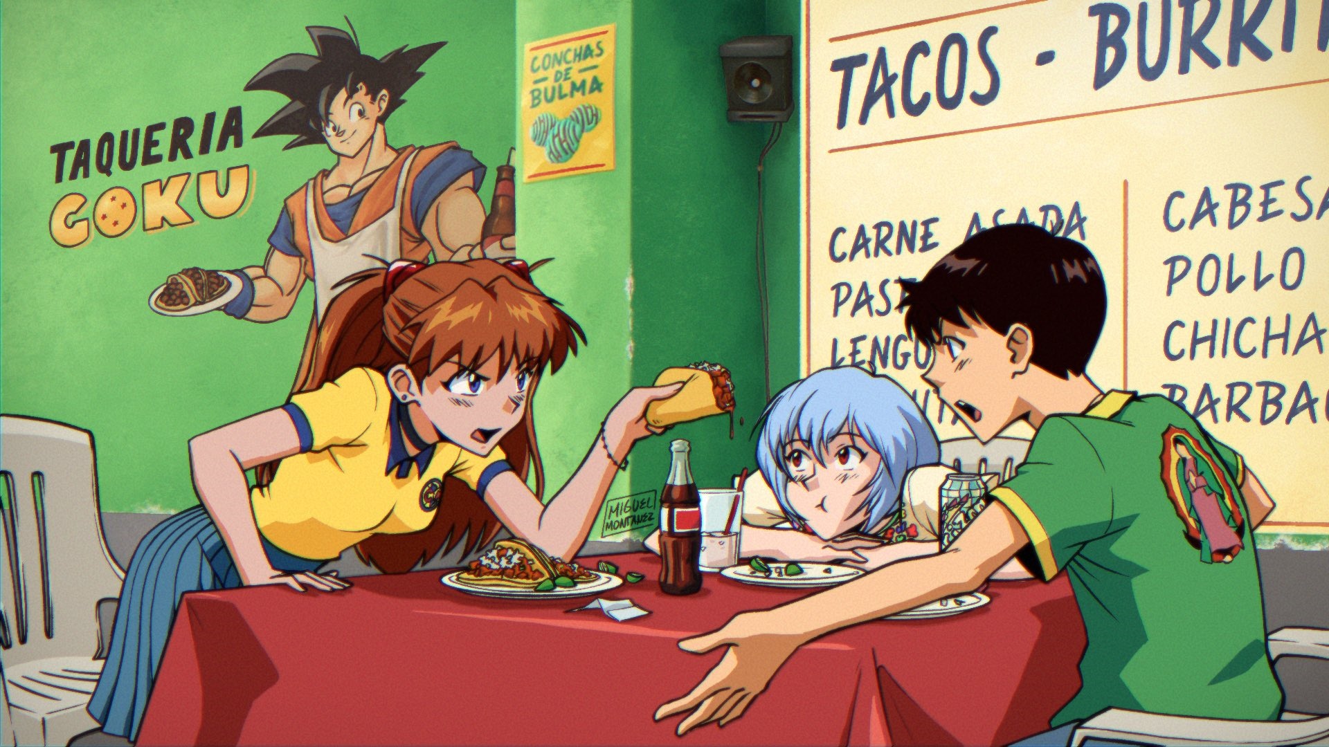 Asuka, Rei, Shinji, and Goku at a Taqueria HD Wallpaper