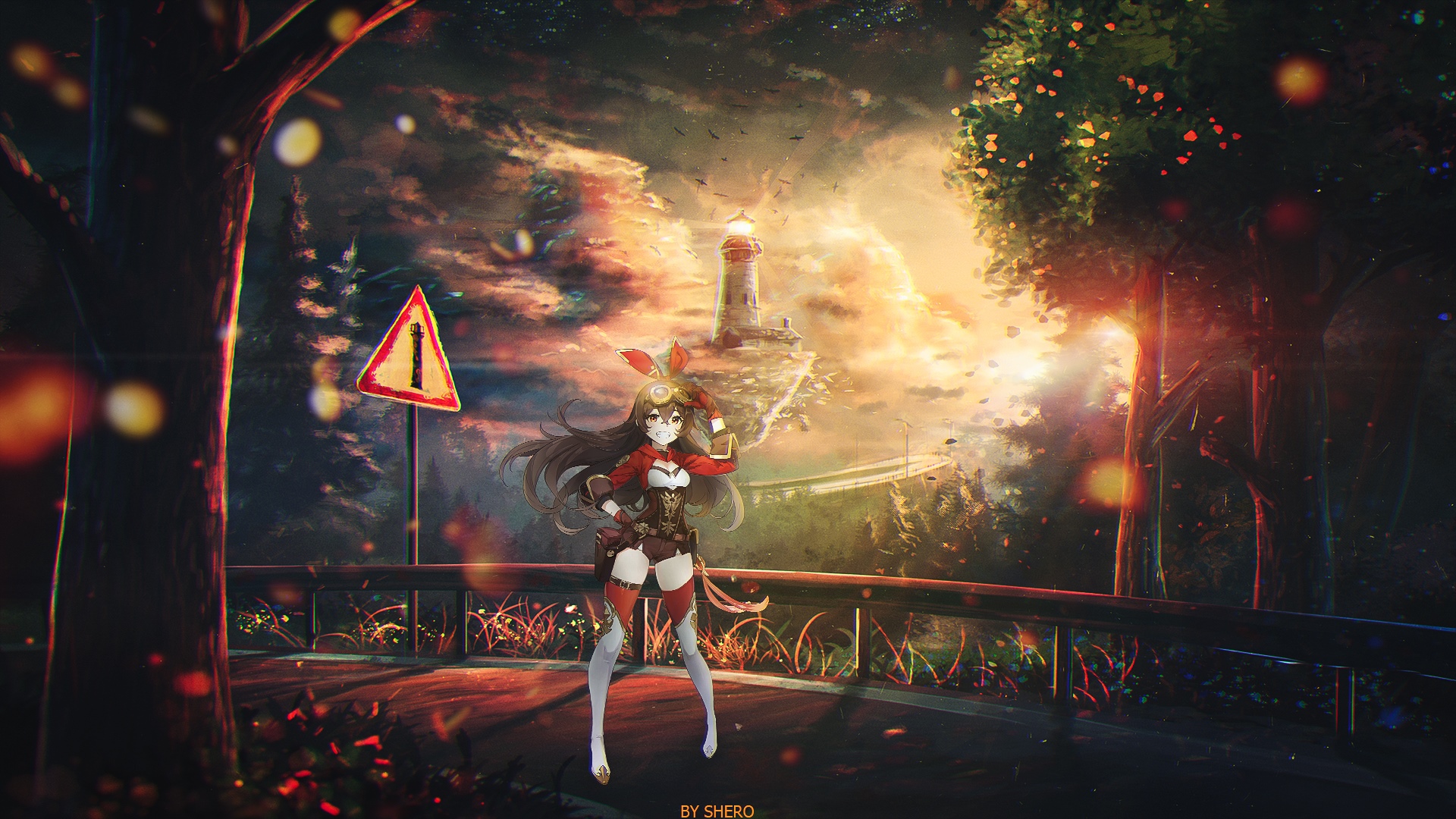 Amber from Genshin Impact with a lighthouse in the background HD Wallpaper
