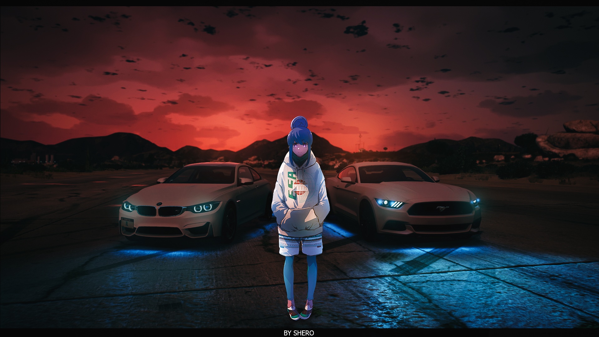 Anime girl with BMW and Ford Mustang at sunset HD Wallpaper