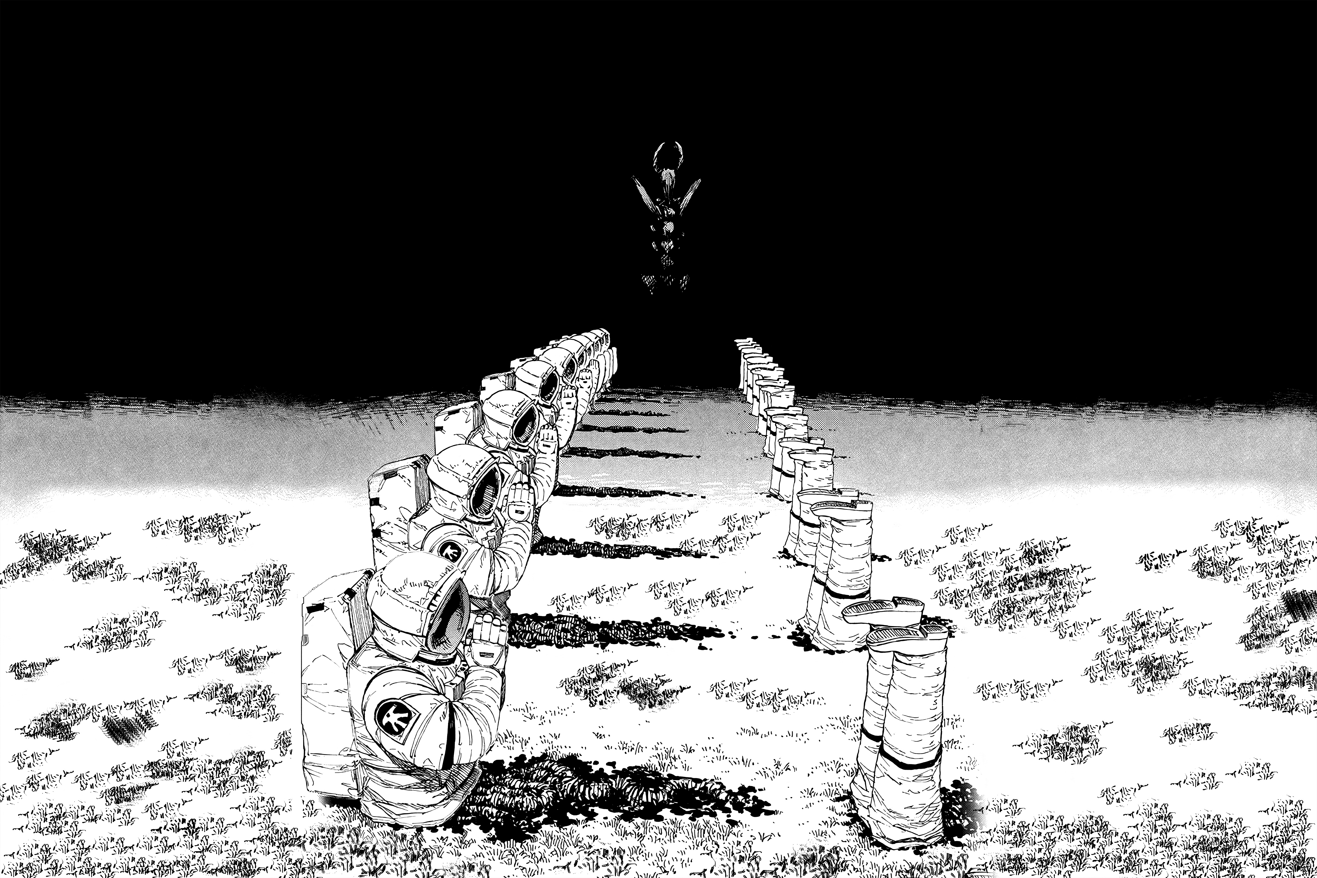 Manga panel of astronauts and a creature HD Wallpaper