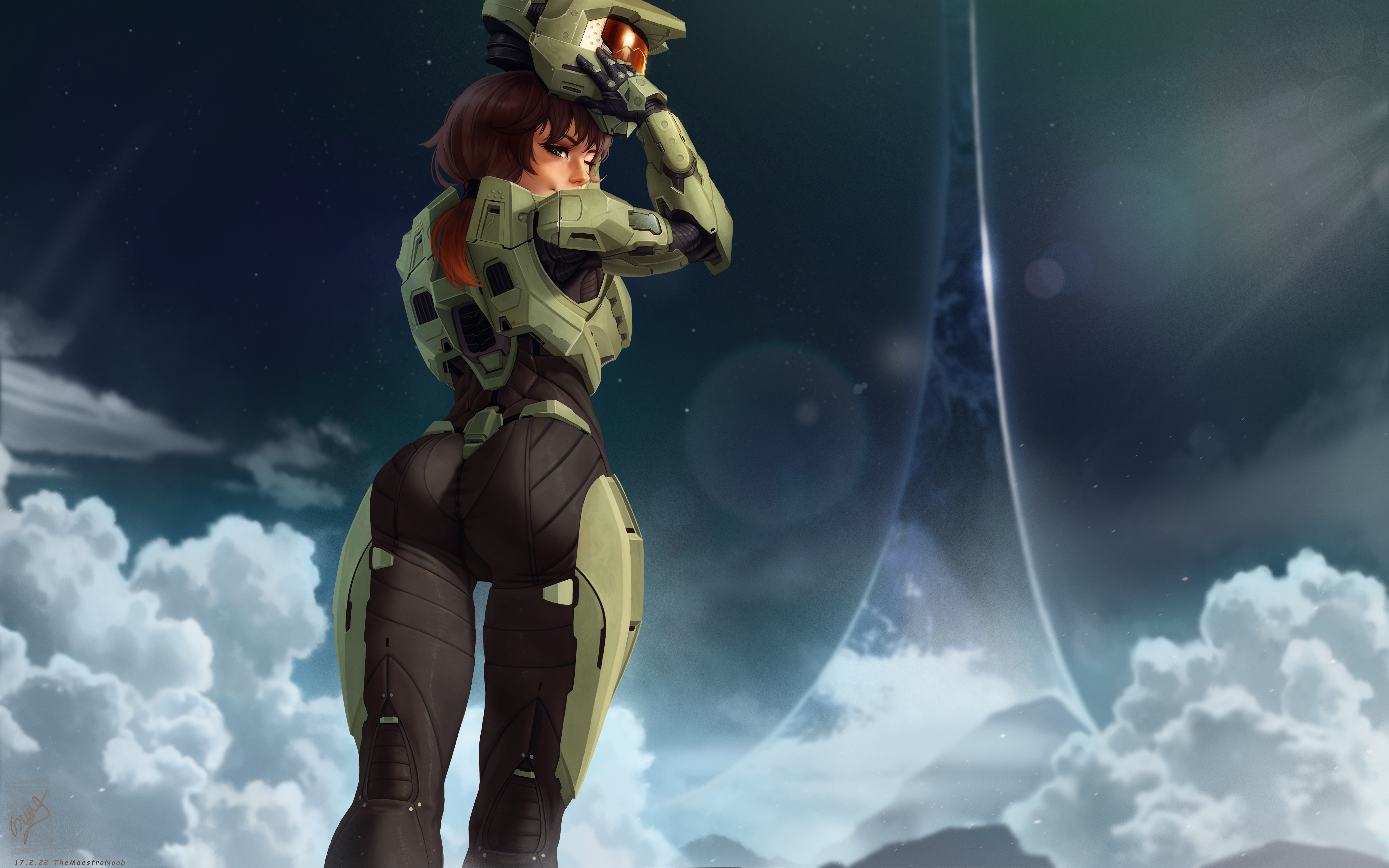 4K Halo Master Chief armor women looking back HD Wallpaper