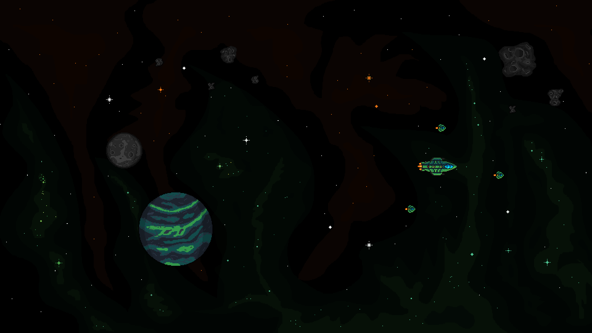 Pixel art space scene with planets and spaceships HD Wallpaper