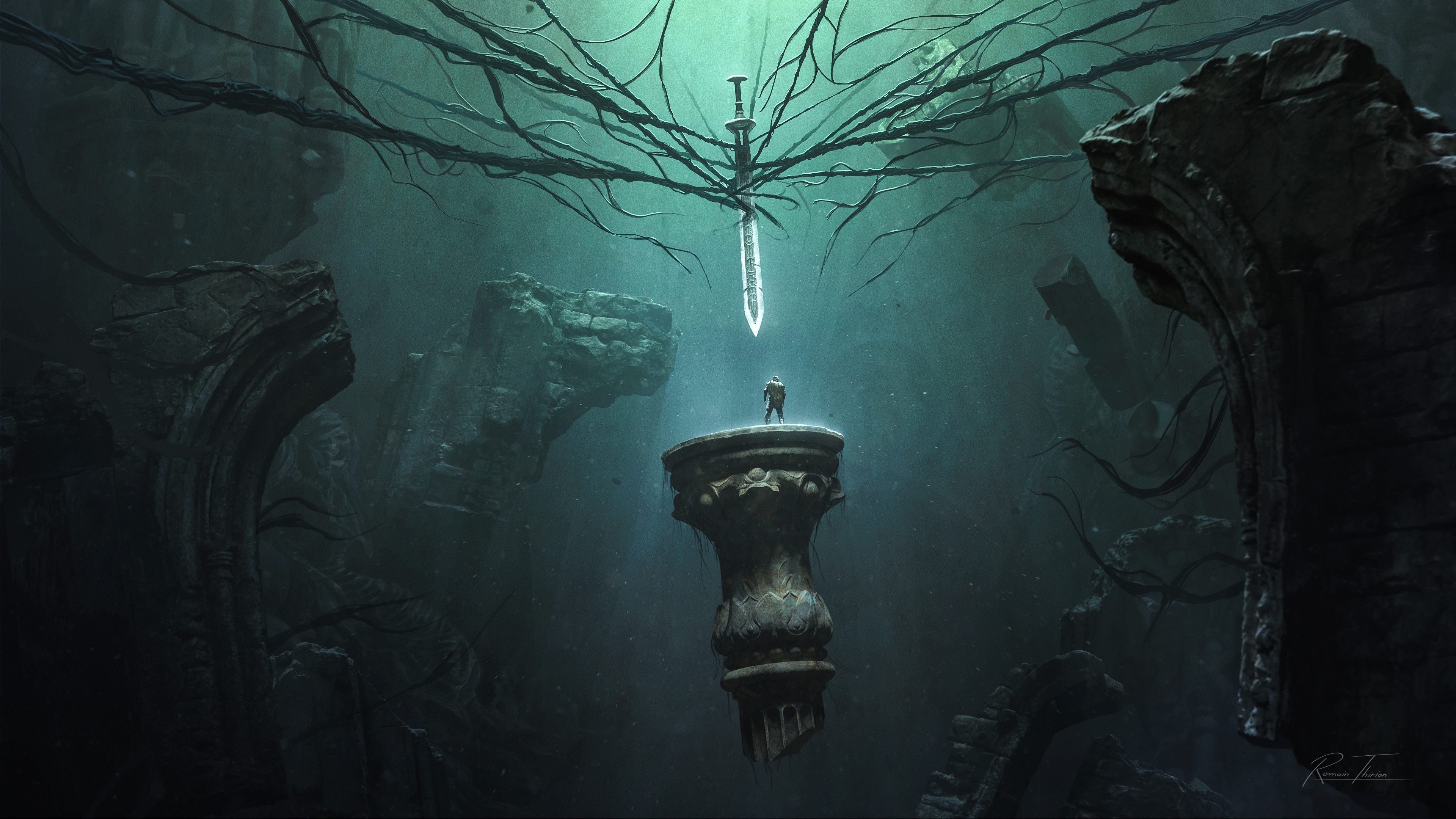 Fantasy art of a sword and a warrior HD Wallpaper