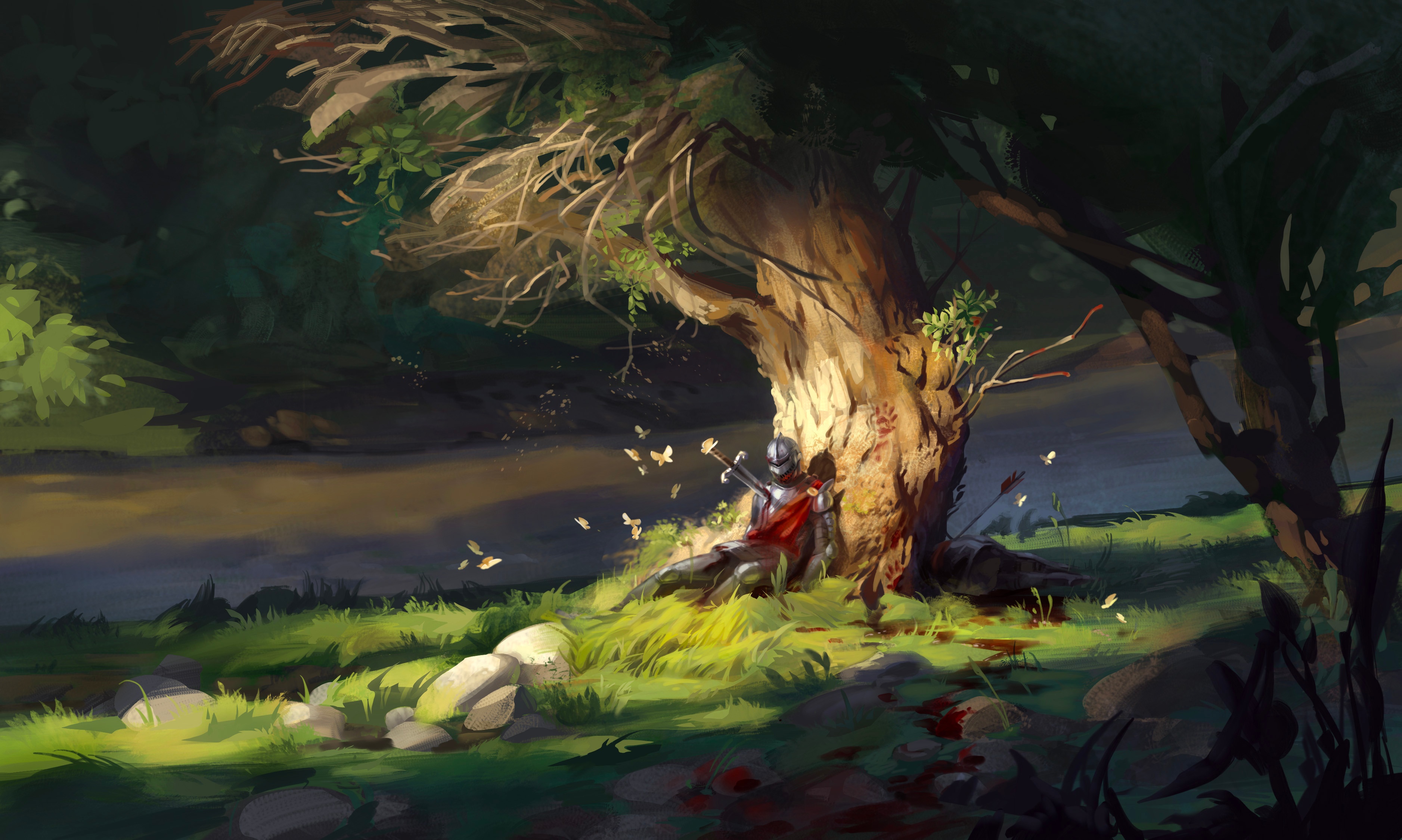 Knight resting under a tree with blood and arrows HD Wallpaper
