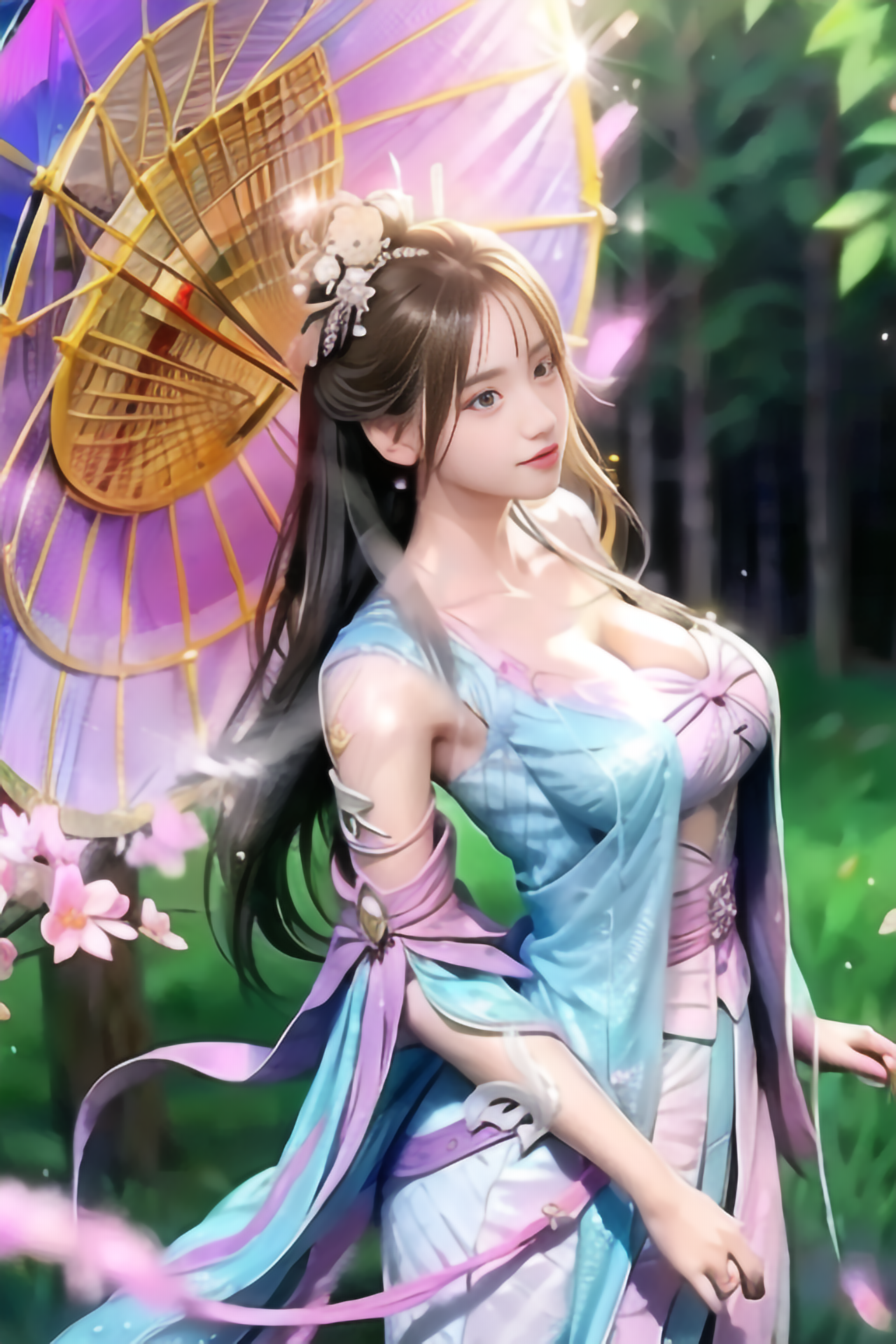 Asian woman in traditional dress with umbrella and flowers HD Phone Wallpaper