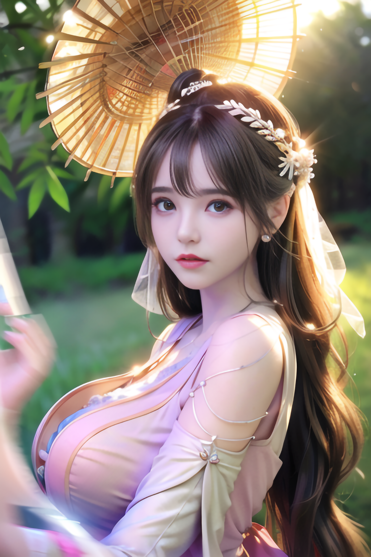 Asian woman in traditional dress with umbrella HD Phone Wallpaper