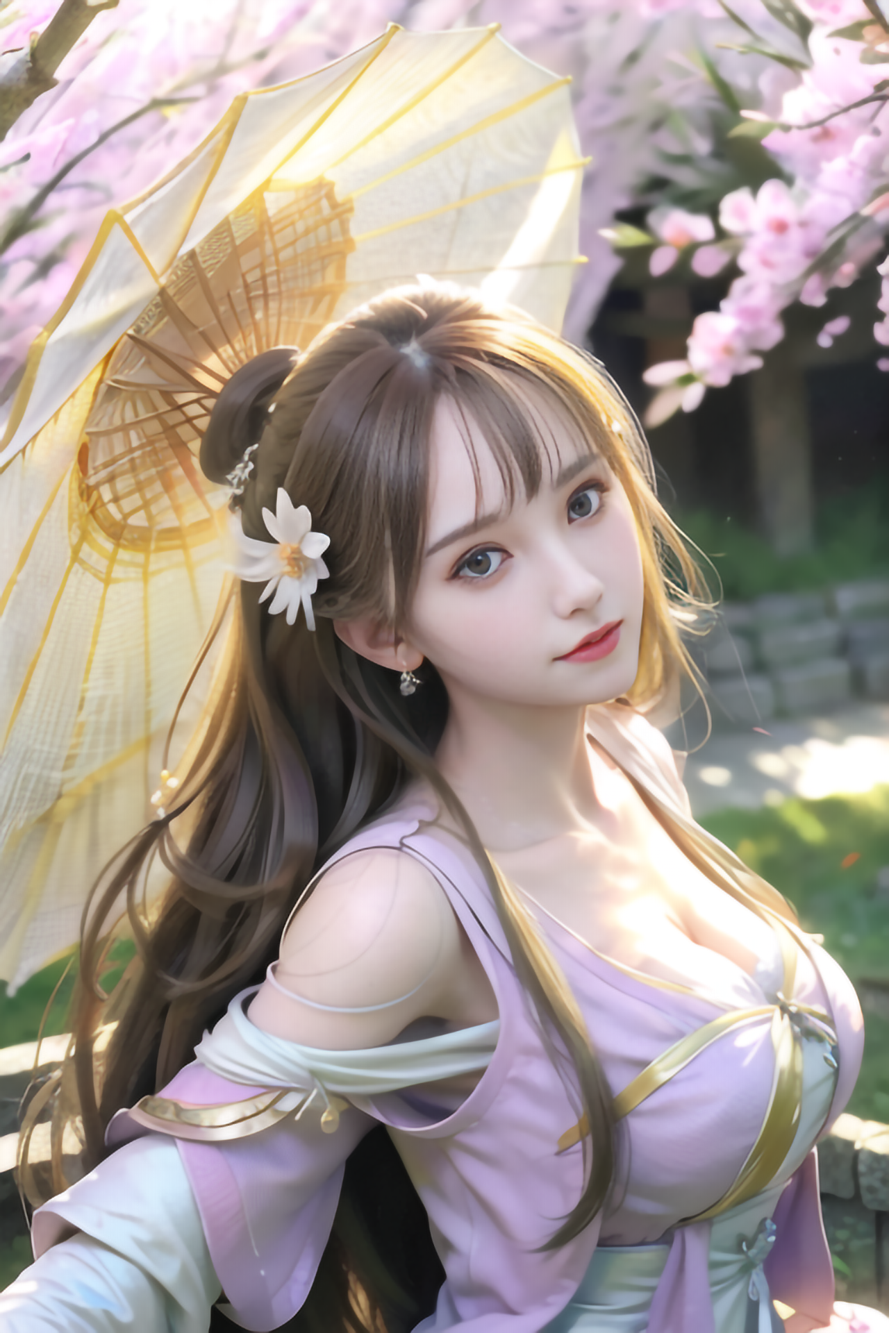 Asian woman with umbrella and flowers in hair HD Phone Wallpaper