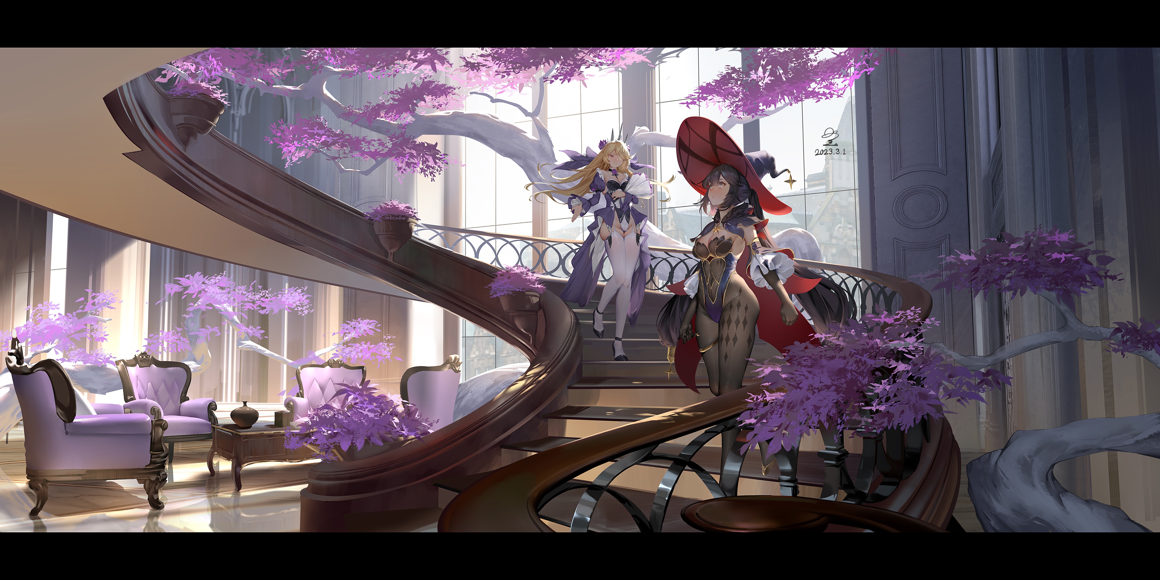 Mona and Fischl on a grand staircase with purple trees HD Wallpaper