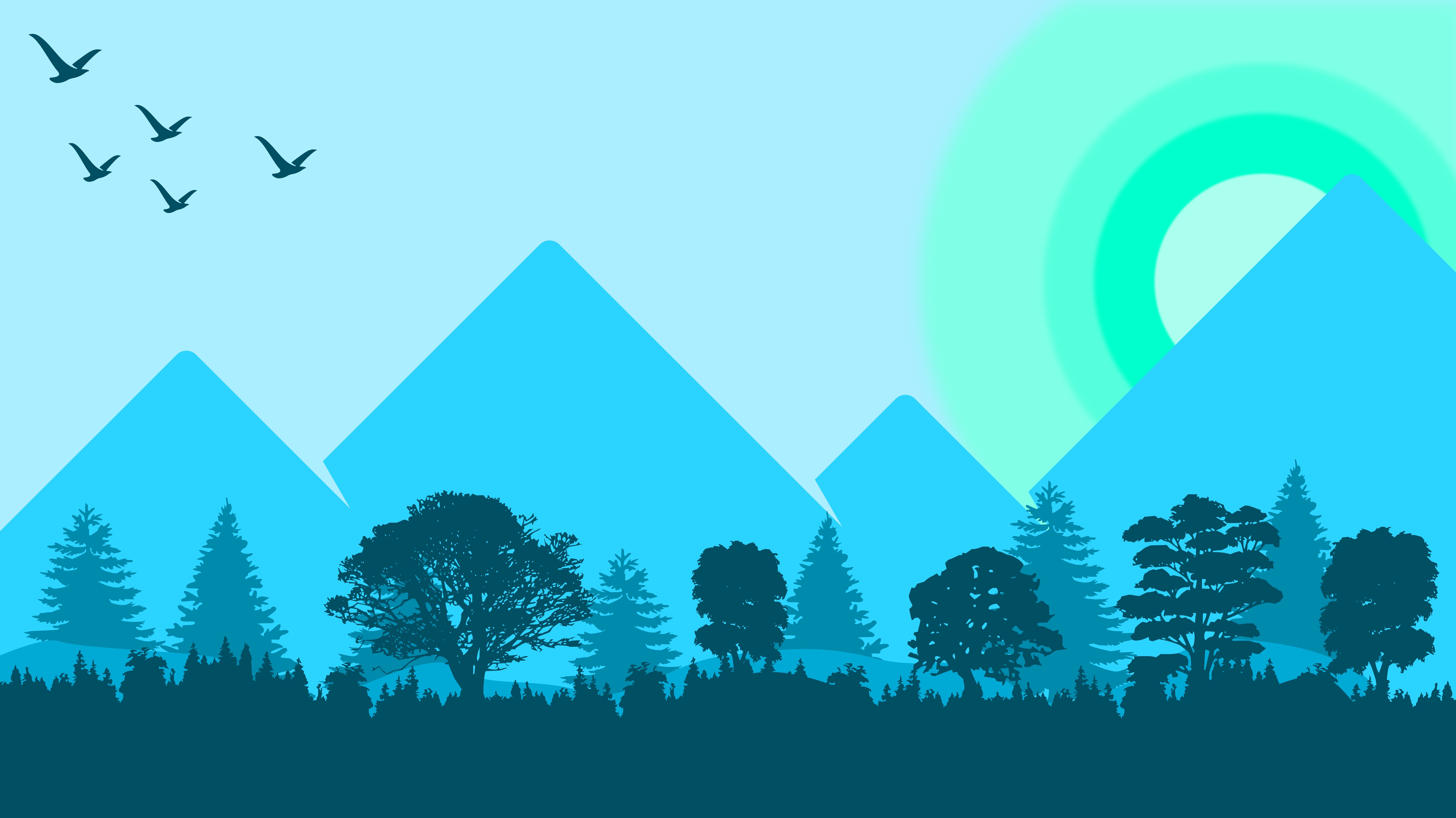 4K Abstract Landscape with Mountains, Trees, and Birds HD Wallpaper
