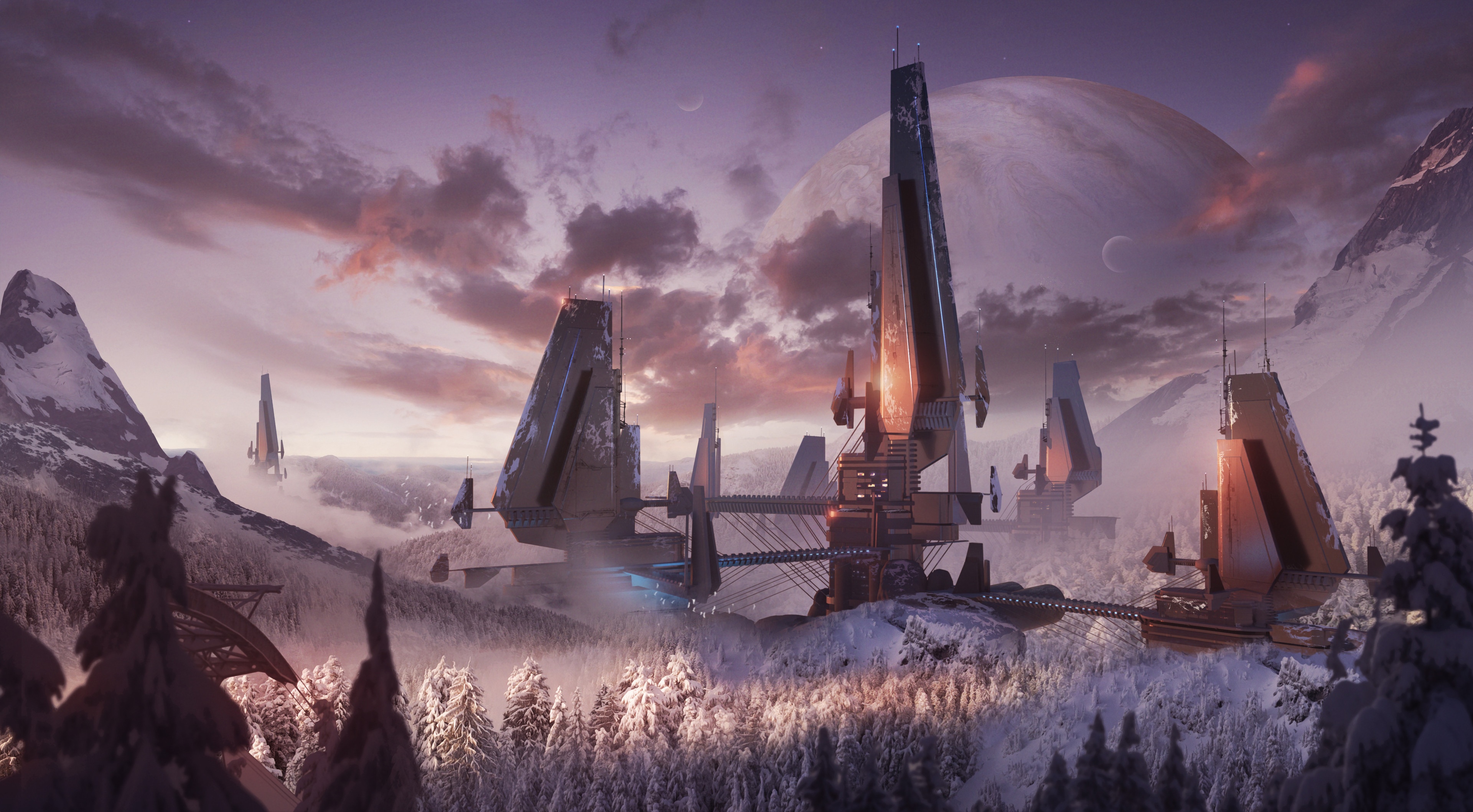 4K futuristic structures in a snowy mountain landscape HD Wallpaper