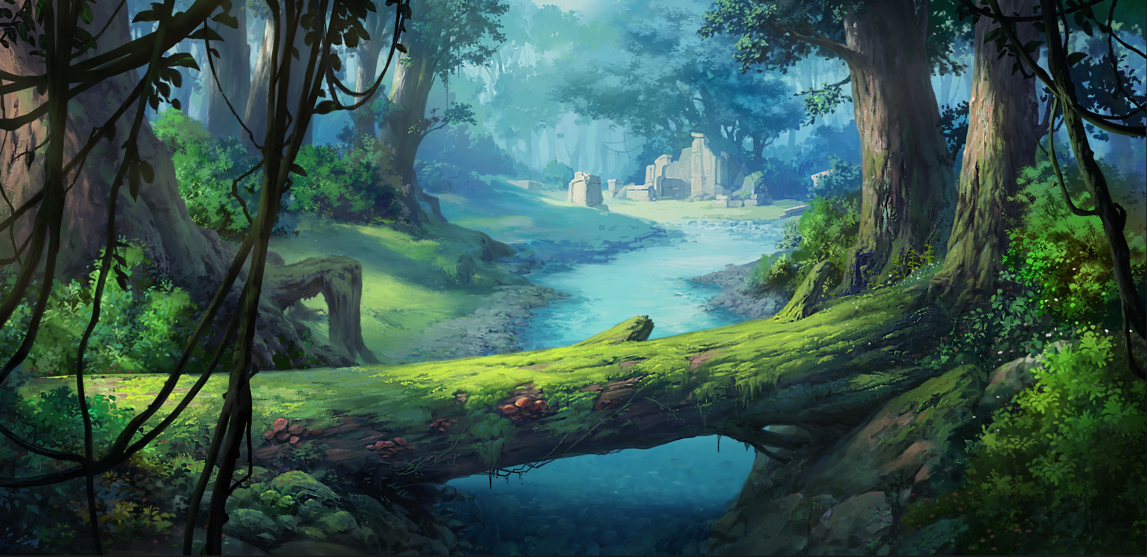 4K nature forest landscape with river and trees HD Wallpaper